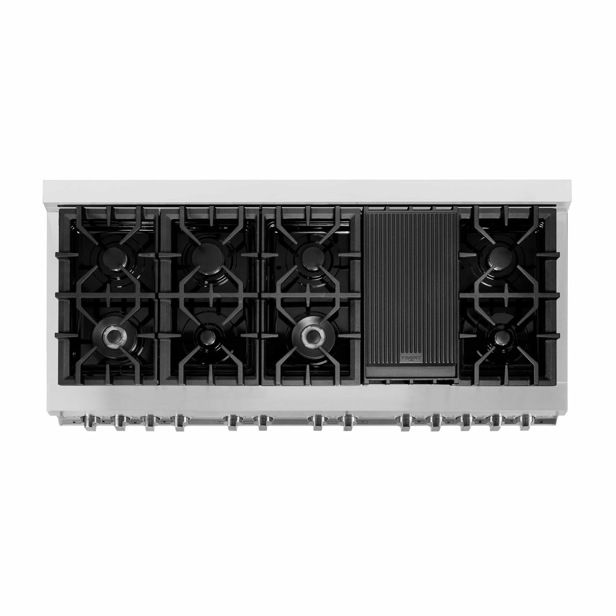 ZLINE dual fuel cooktop with 9 gas burners, black grates, stainless frame