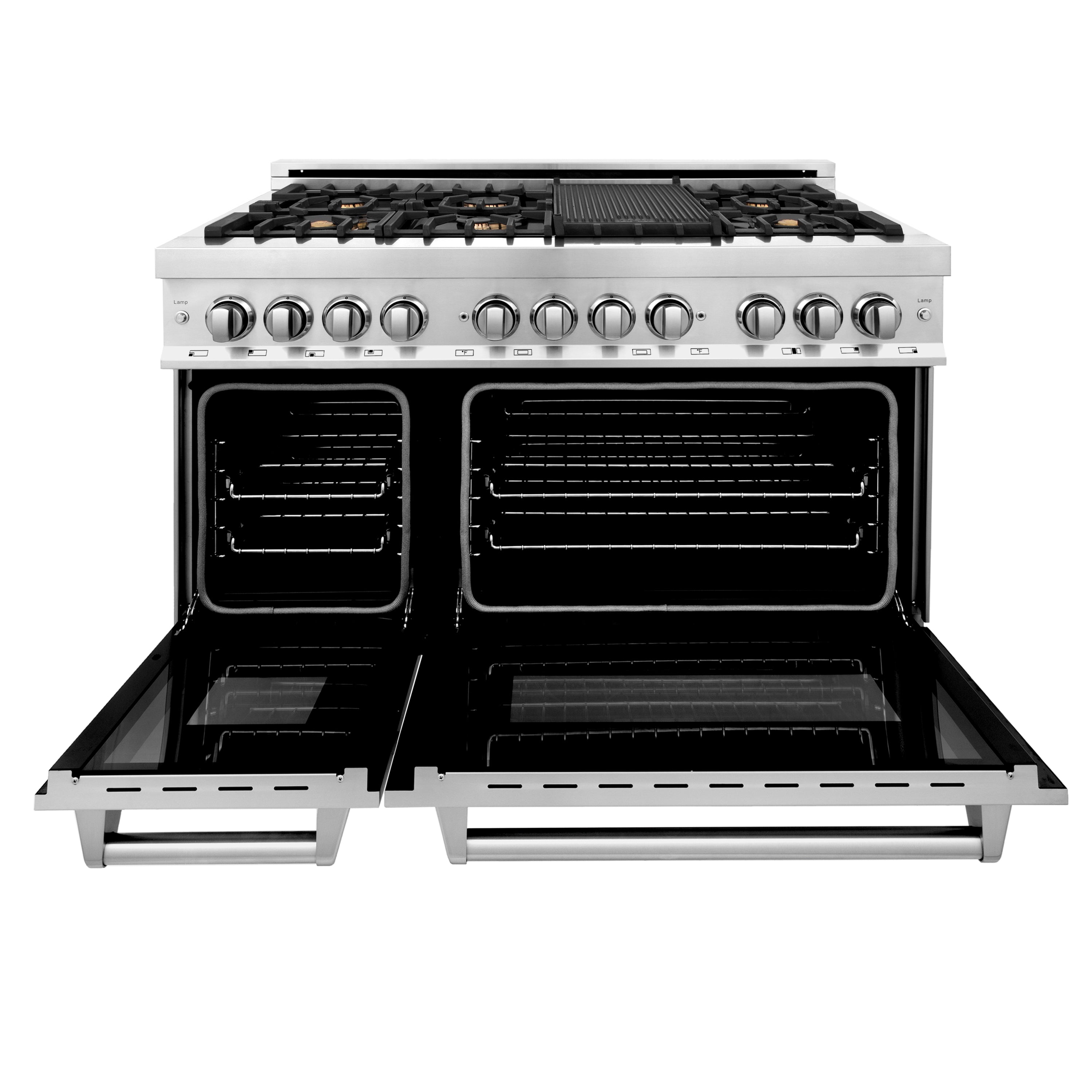 Stainless dual fuel range with oven doors open, showing dark baking compartments
