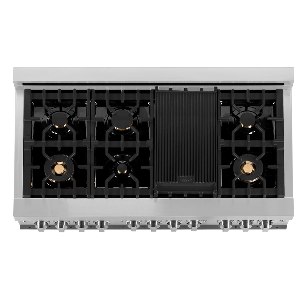 Dual fuel cooktop underside with burner grates and center griddle plate