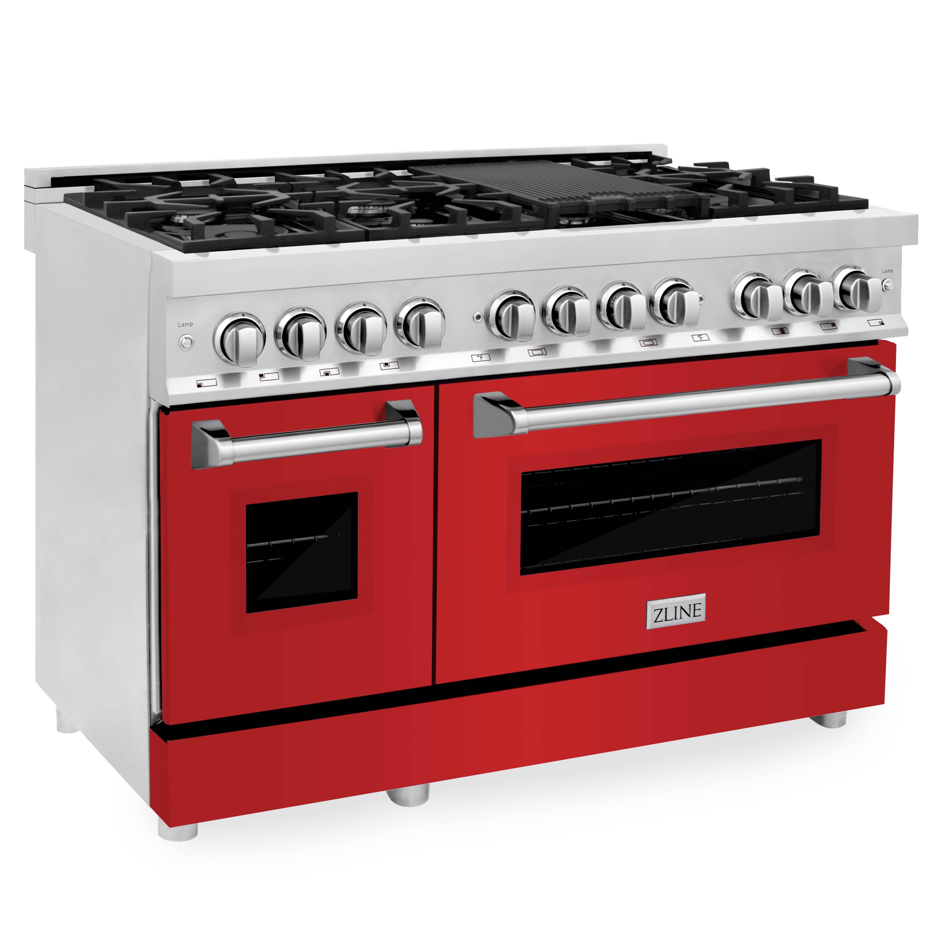 Dual fuel range with red matte door, stainless frame, and black cooktop control knobs