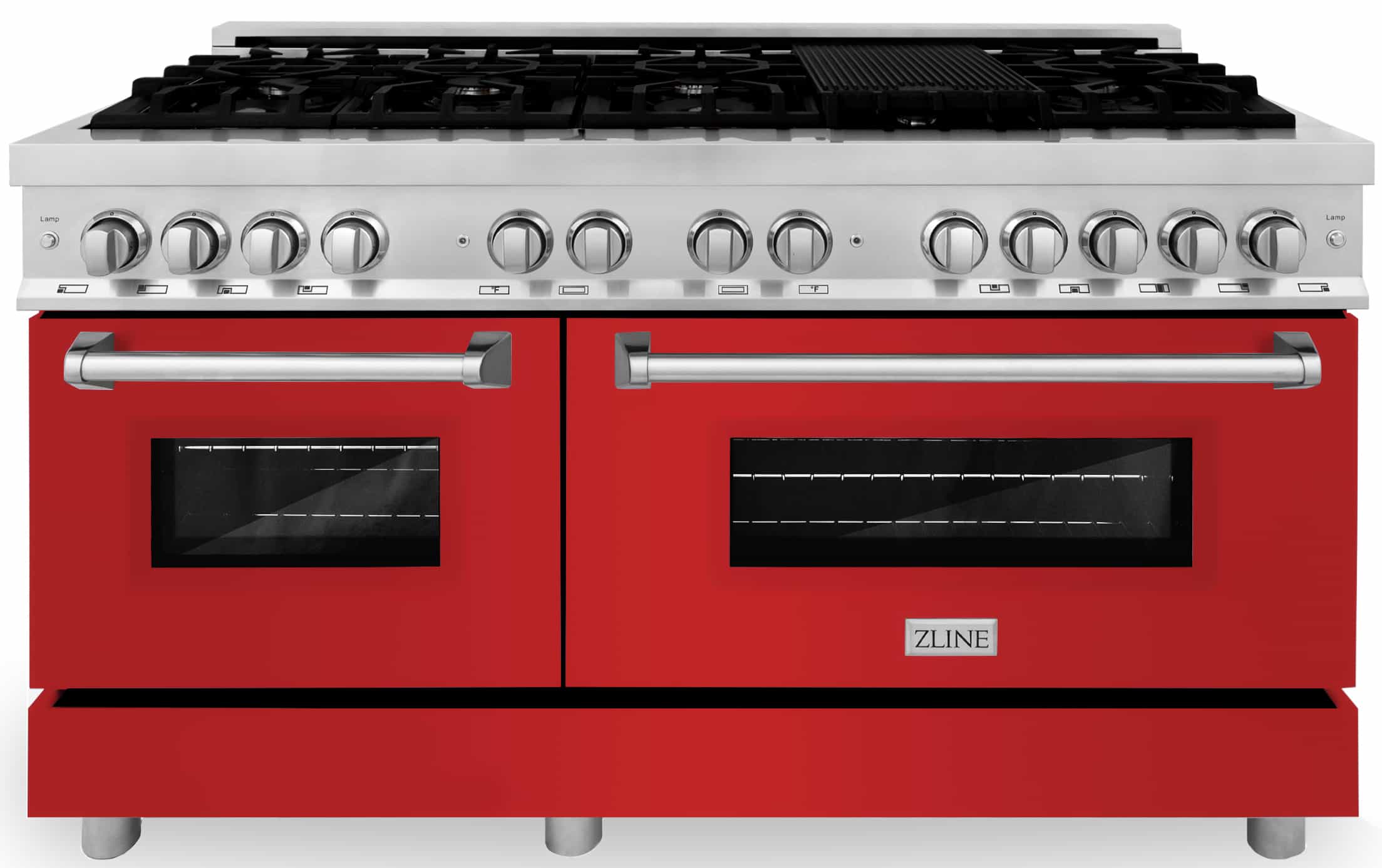 Dual fuel range with red matte oven doors, stainless steel control panel, and knobs