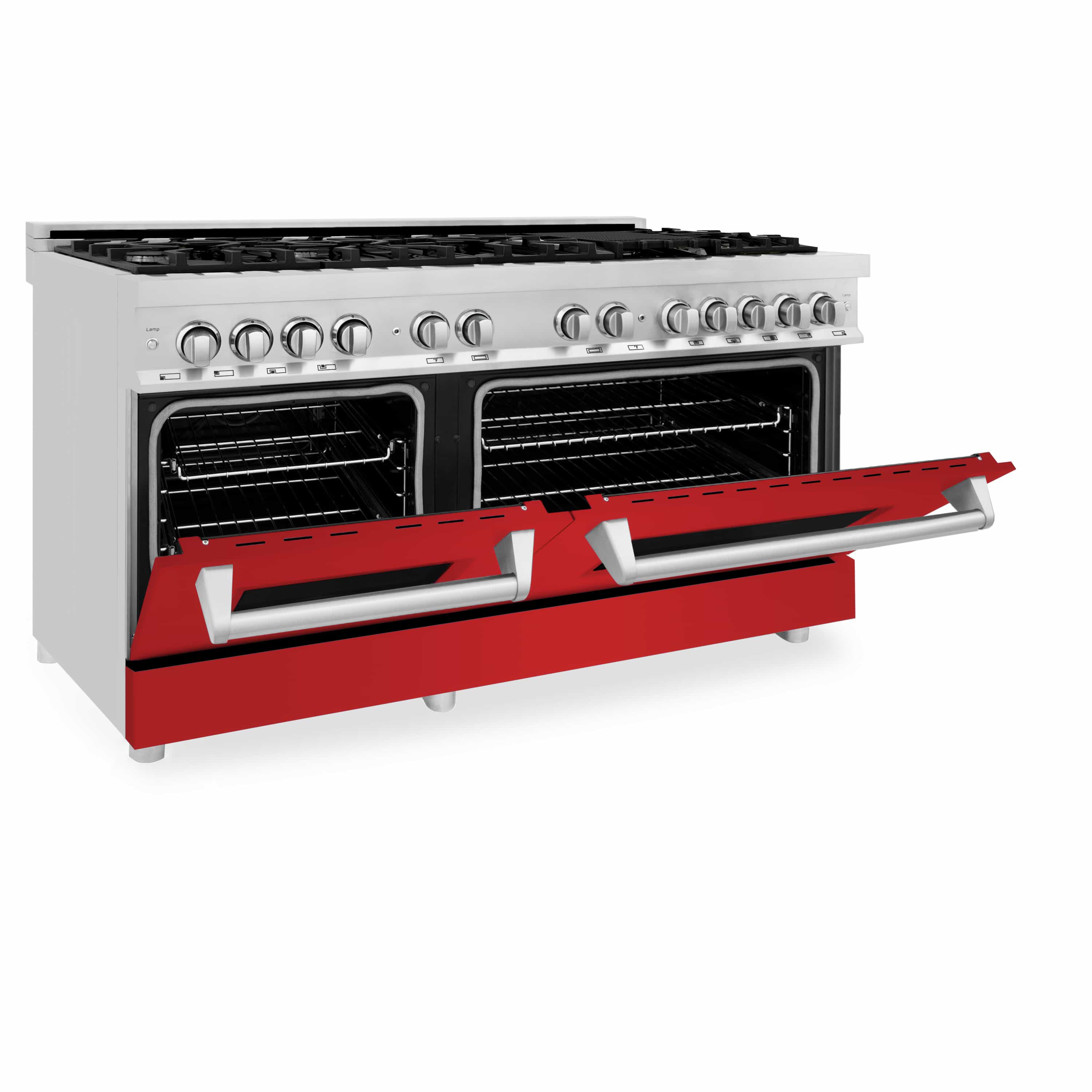 Dual fuel range with oven doors open and stainless handle bars over red interior