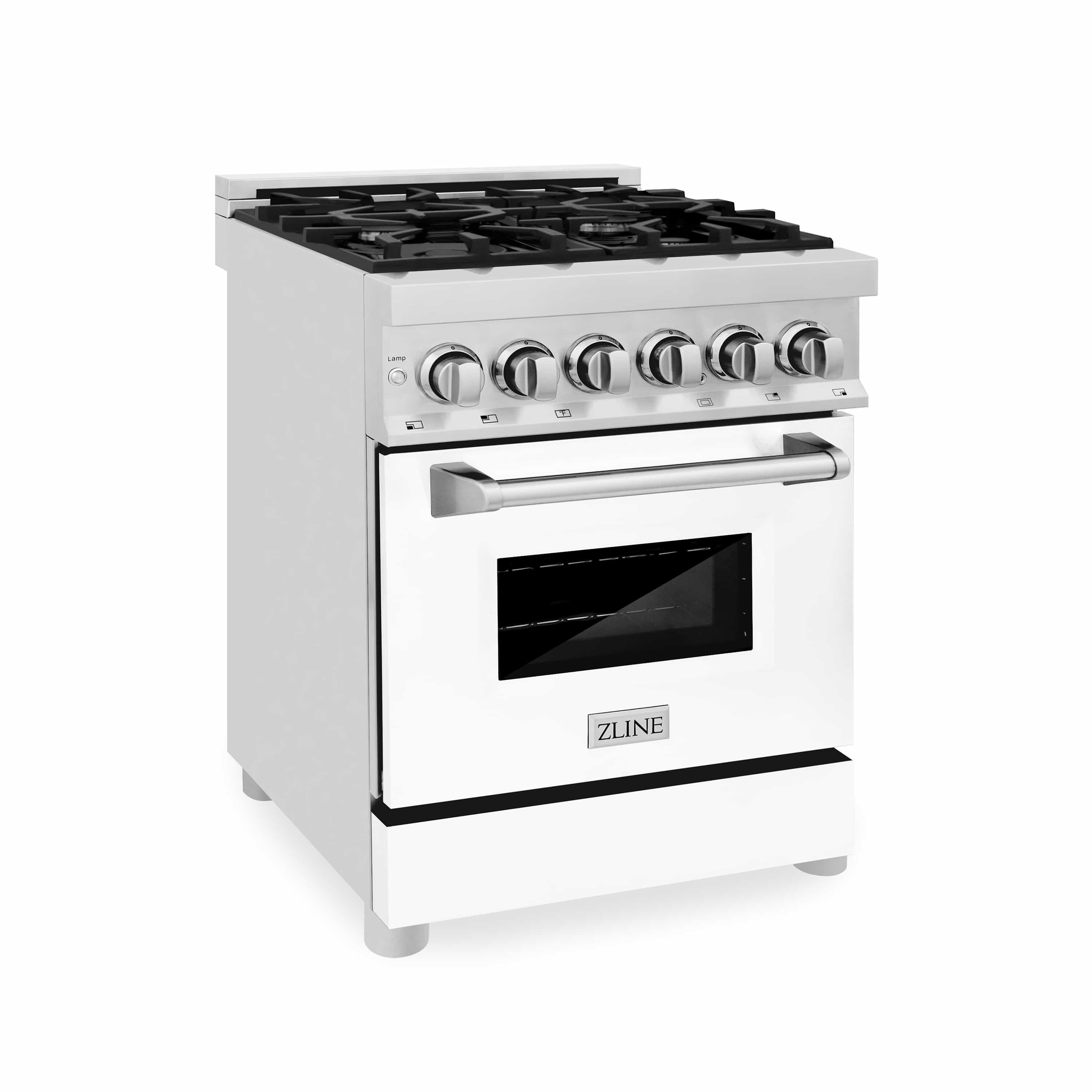 White matte electric oven door and glass window on a stainless dual fuel range.