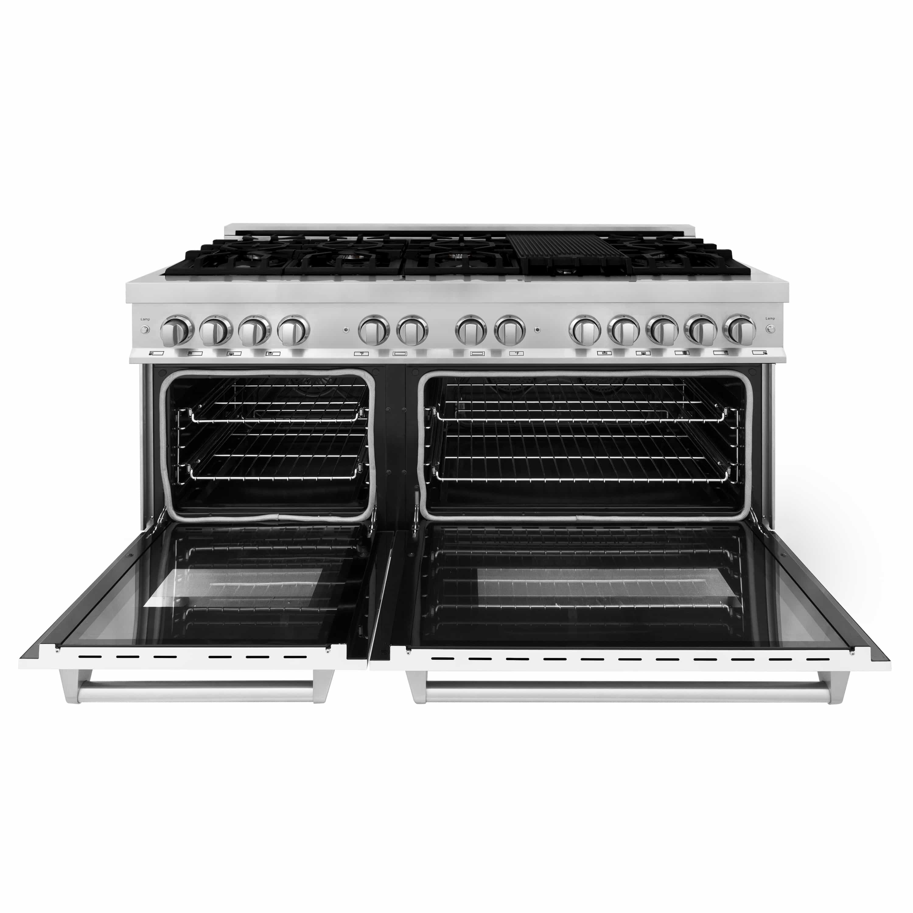 Dual fuel range with both oven doors open and racks visible
