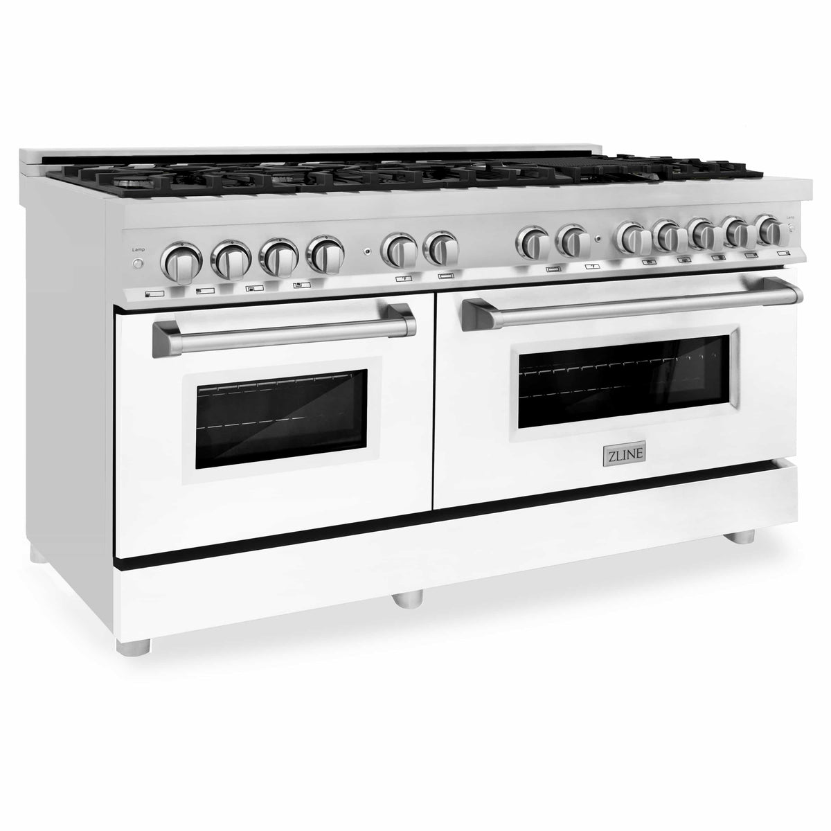 Dual fuel range front panel with knob row and white matte doors