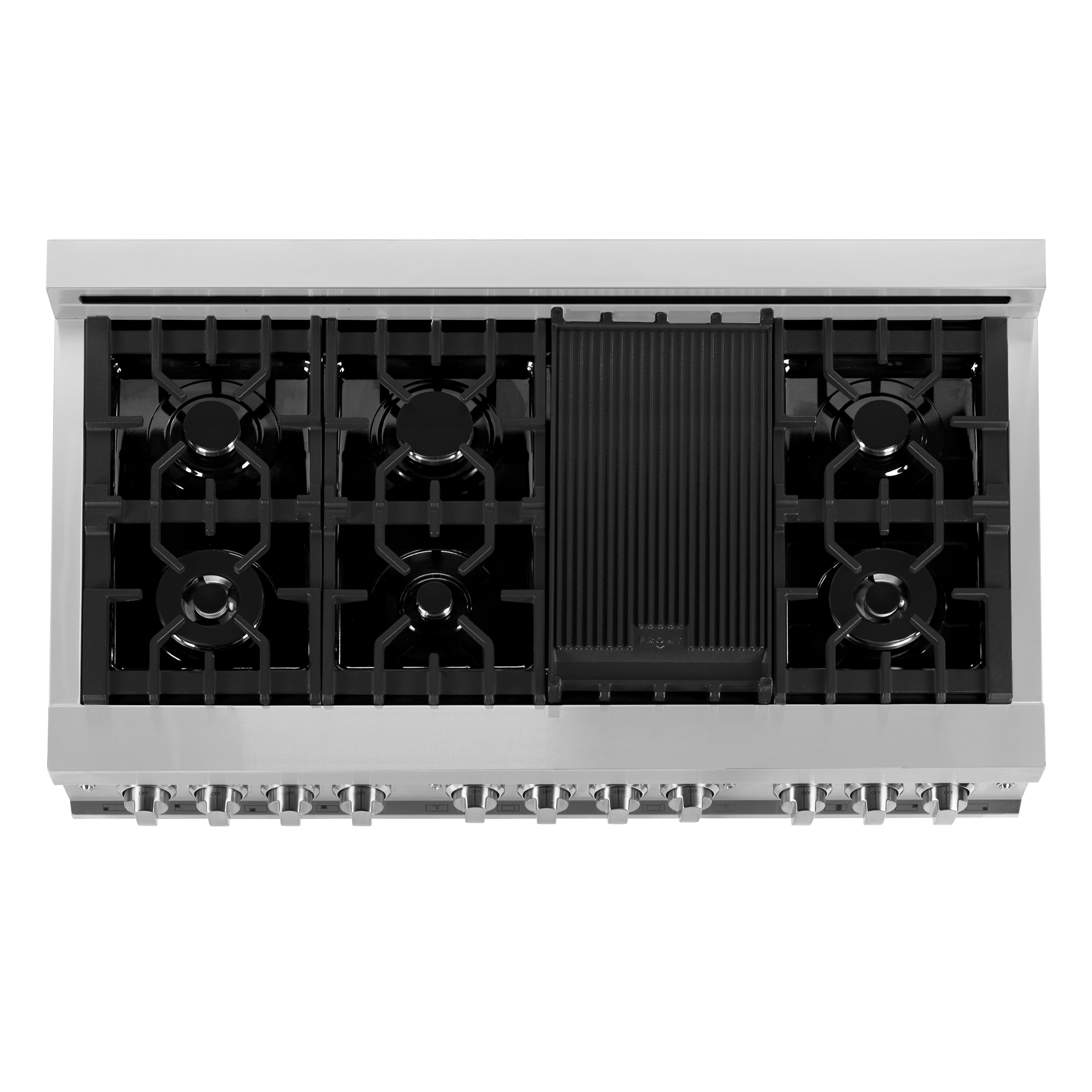 Top view of stainless steel range with four burners each side and central griddle