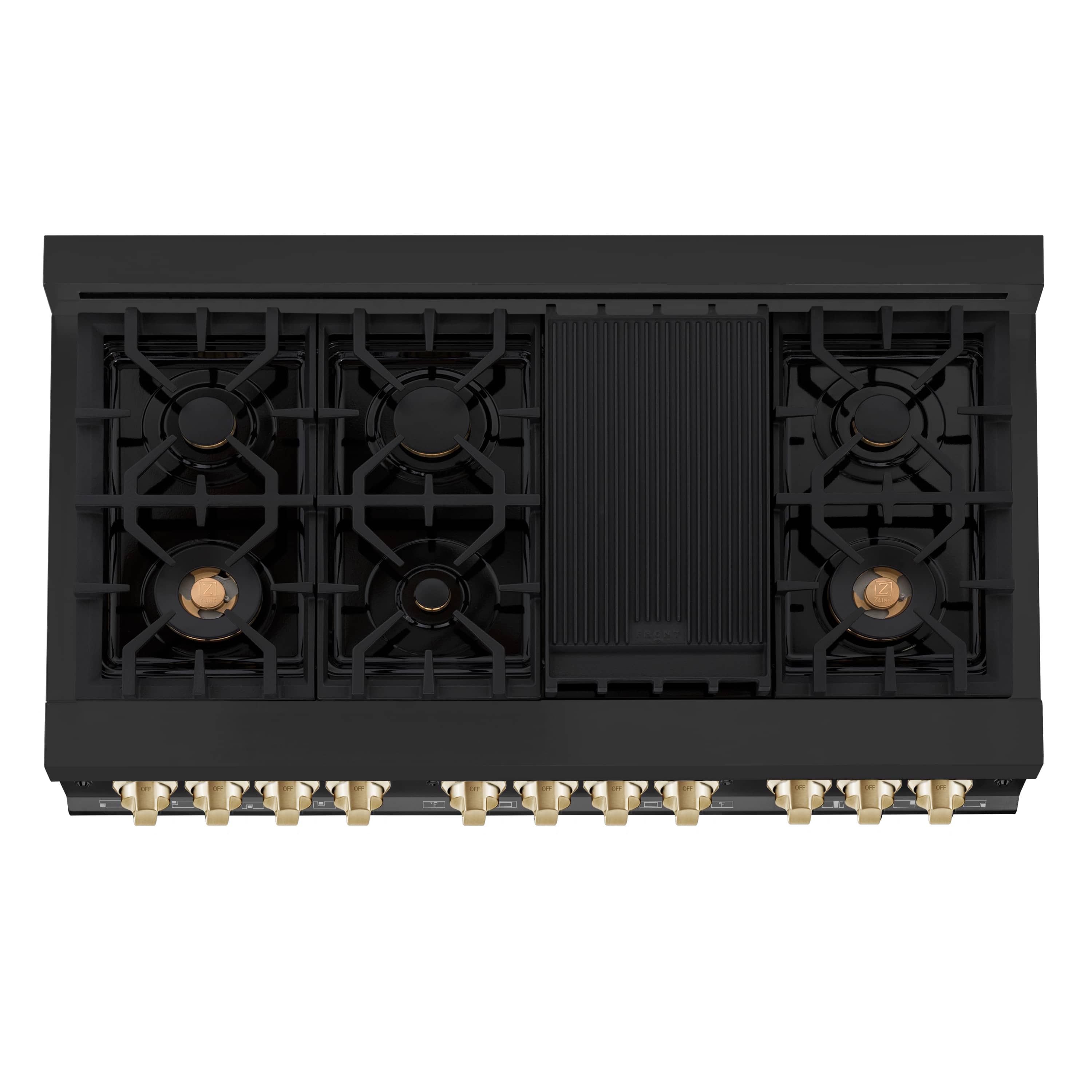 Black 7-burner cooktop with burner grates and visible burner heads