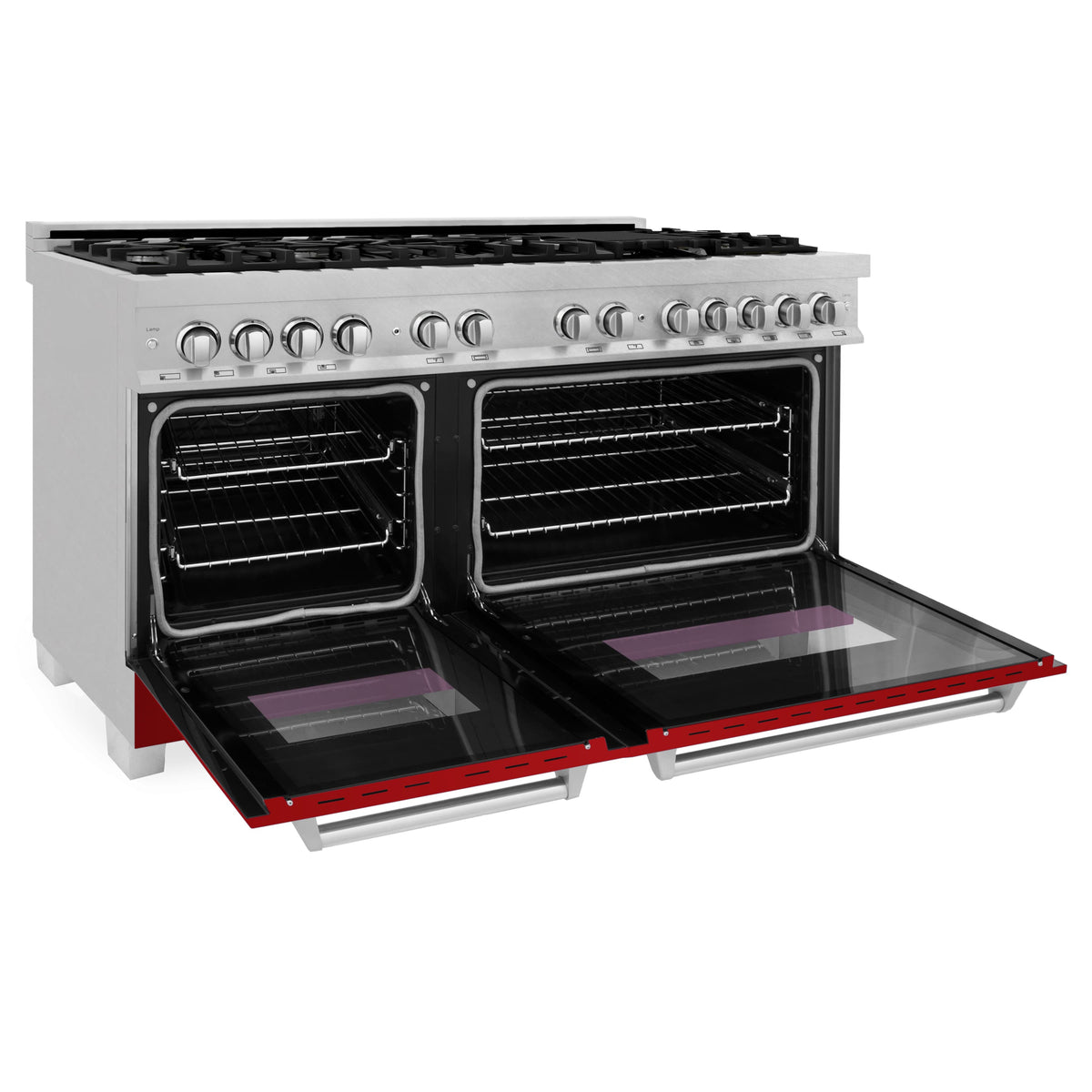 Dual fuel range with ovens open, black interior racks, red bottom panel and handles