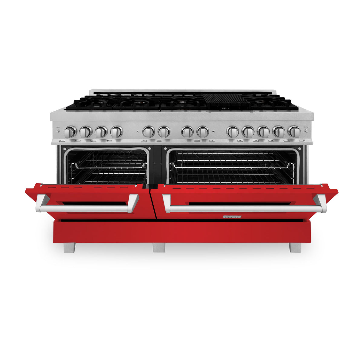 ZLINE 60 in dual fuel range with stainless controls, black cooktop grates, red front doors