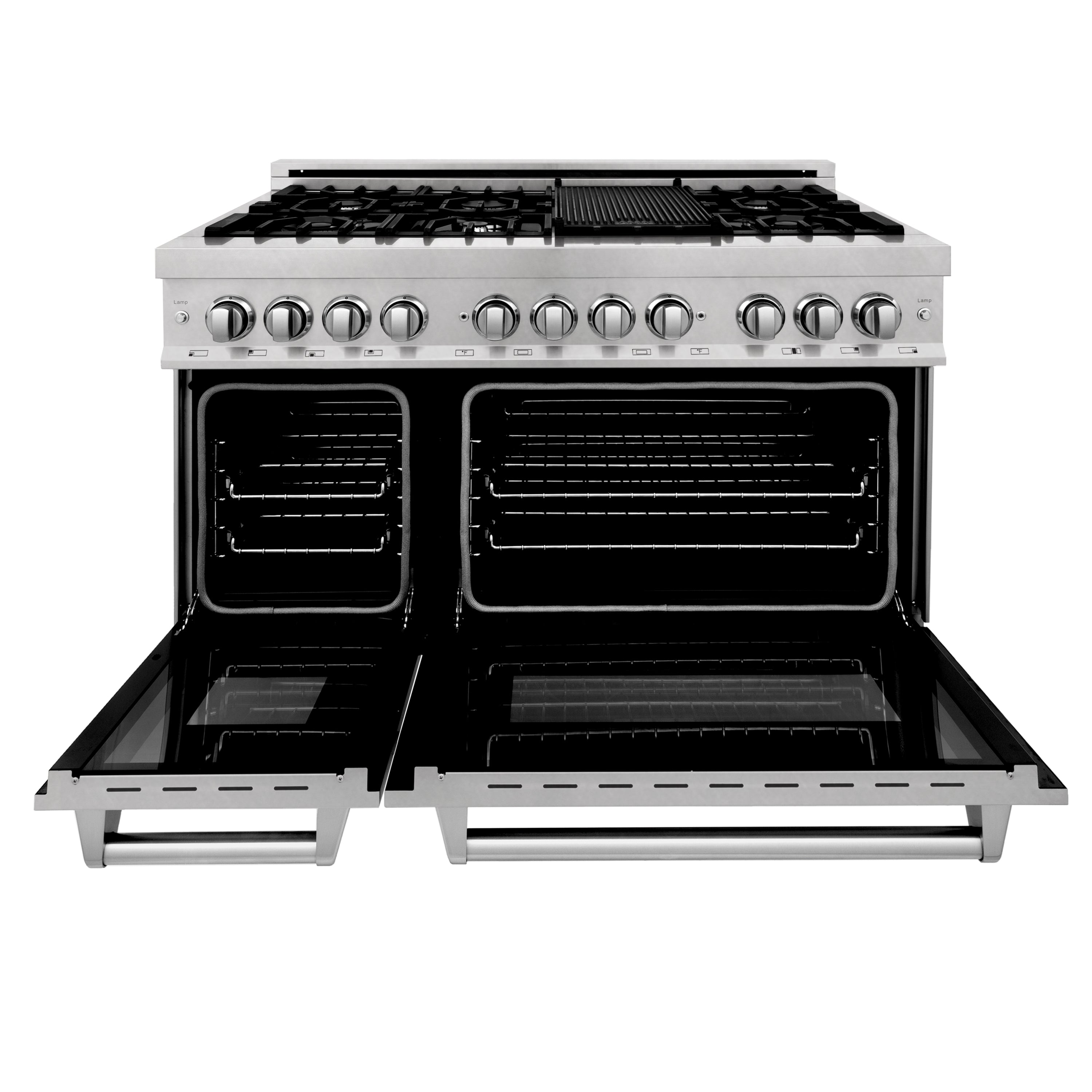 Dual-fuel range with open oven and broiler area, cooktop controls above