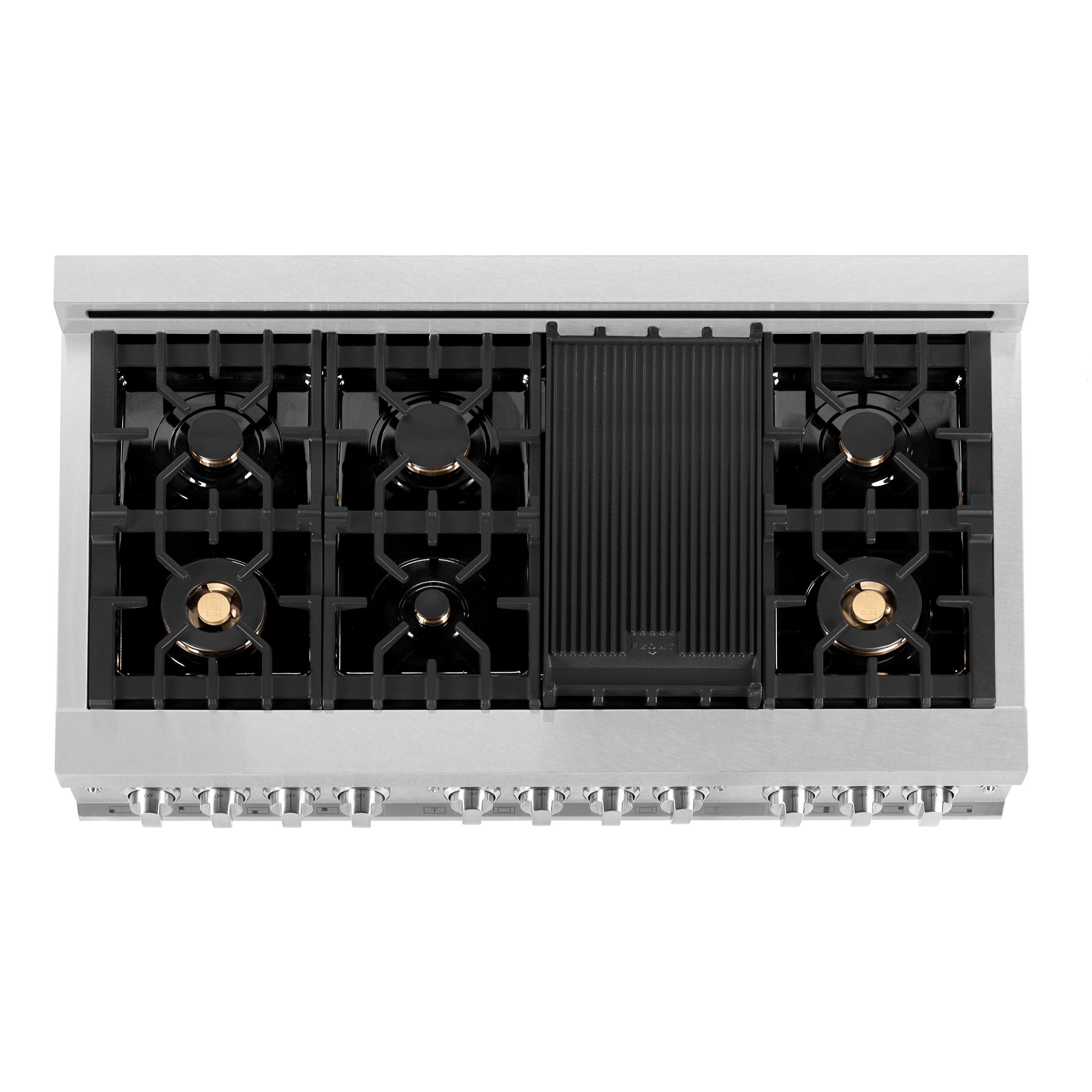 Gas cooktop grates with central black griddle insert on satin stainless range top