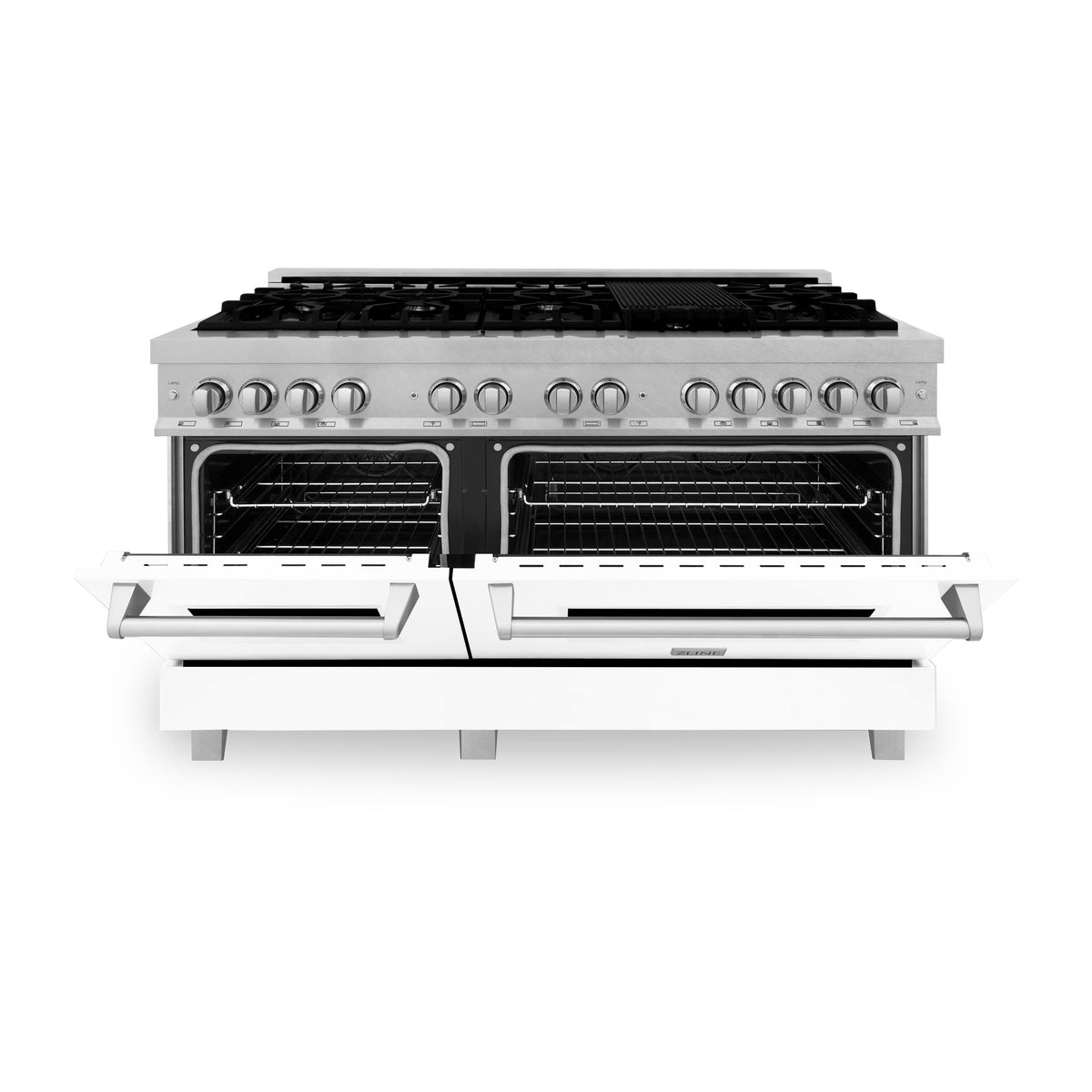 Dual fuel range with open oven doors, stainless interior racks, and black burner grates
