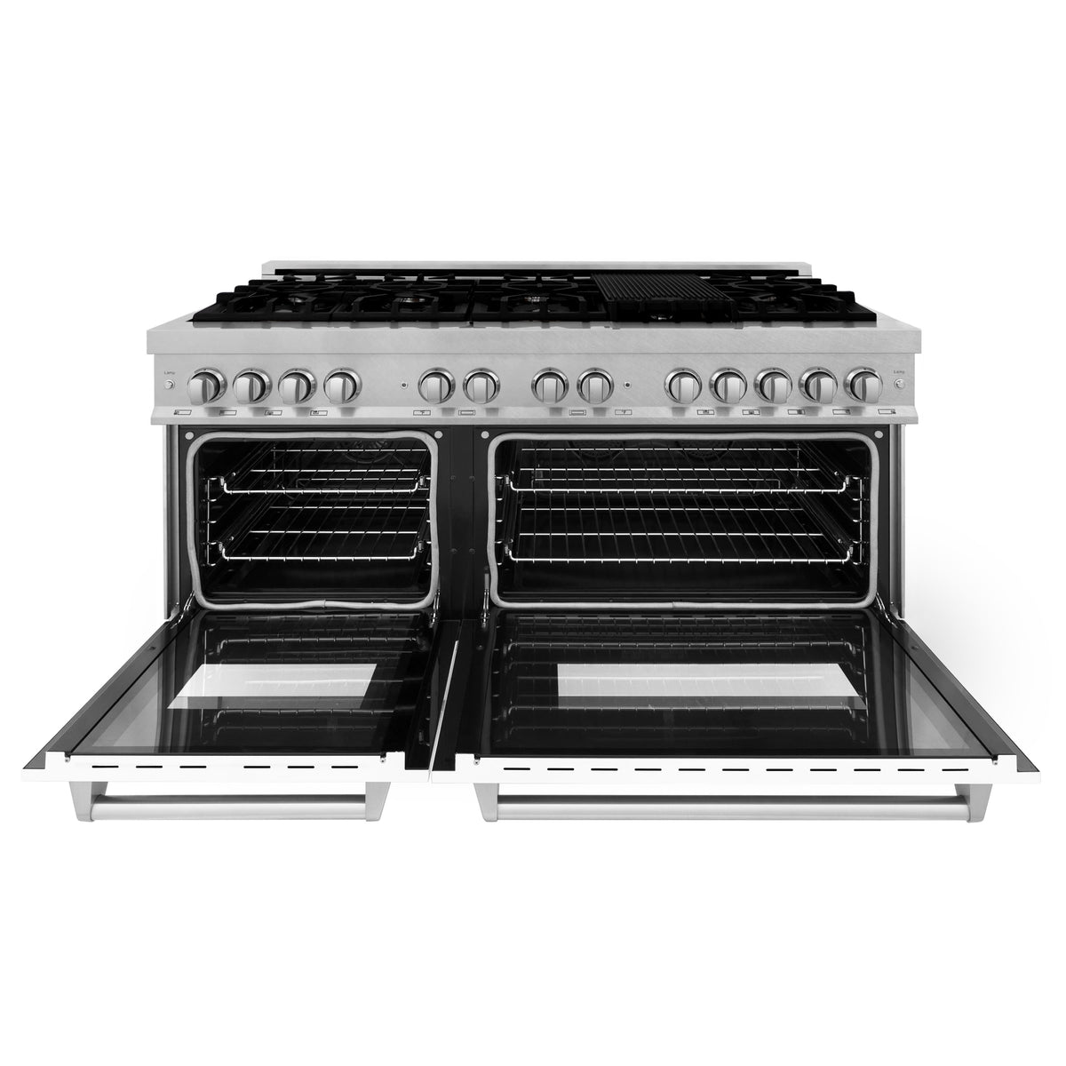 Dual fuel range oven doors open, showing two dark oven cavities and wire racks