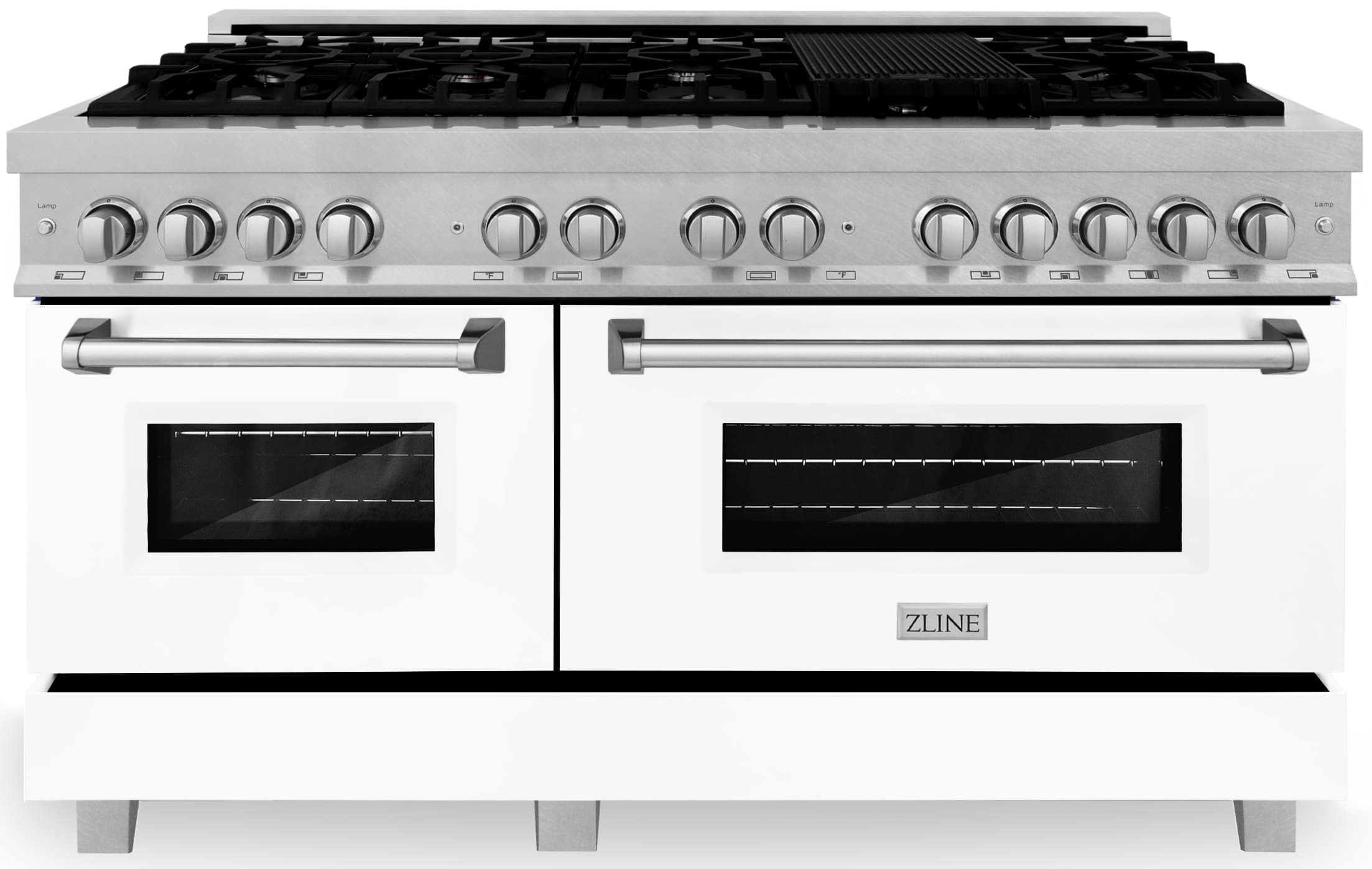 Dual fuel range with stainless top, white doors, front oven windows, and control knobs