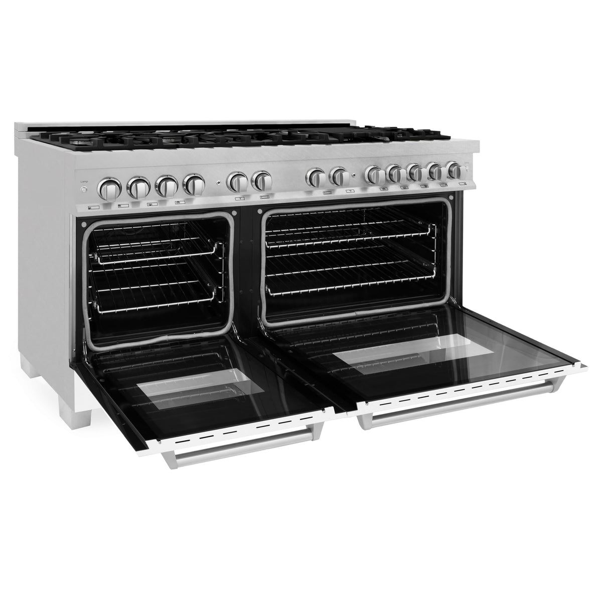 Dual fuel range with oven doors open, showing dark baking surfaces and side racks