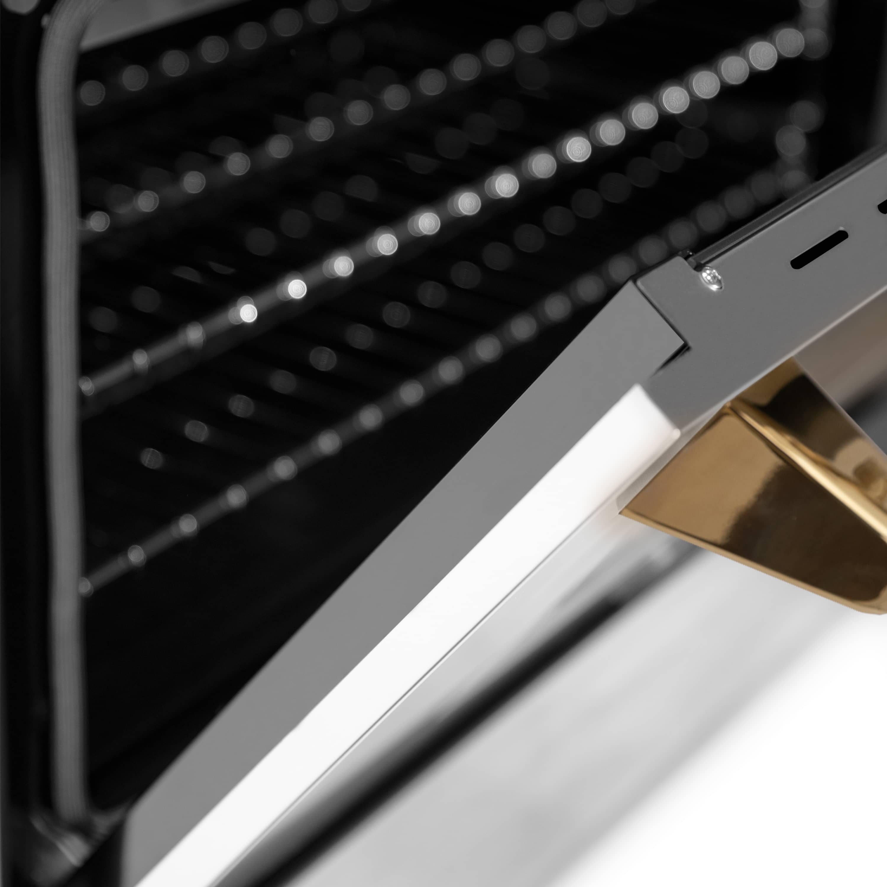 Oven interior detail with stainless door panel edge and gold burner-style insert