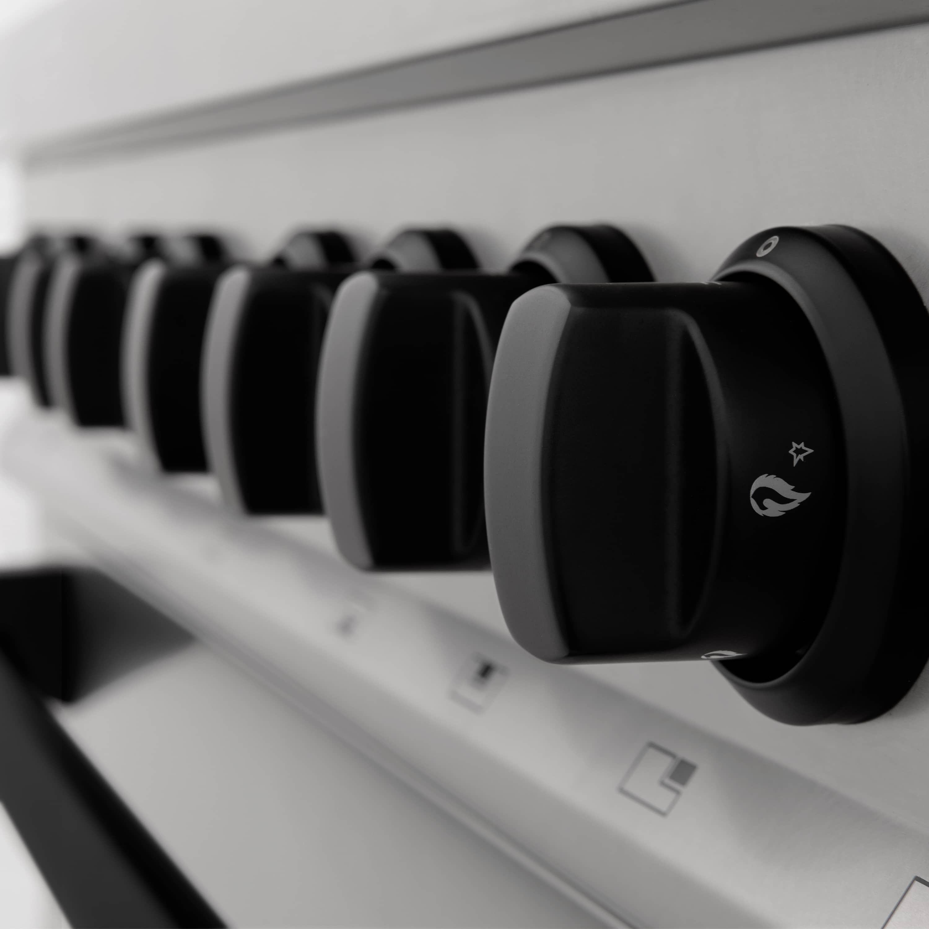 Dual-fuel range control knobs along the front panel with matte black caps