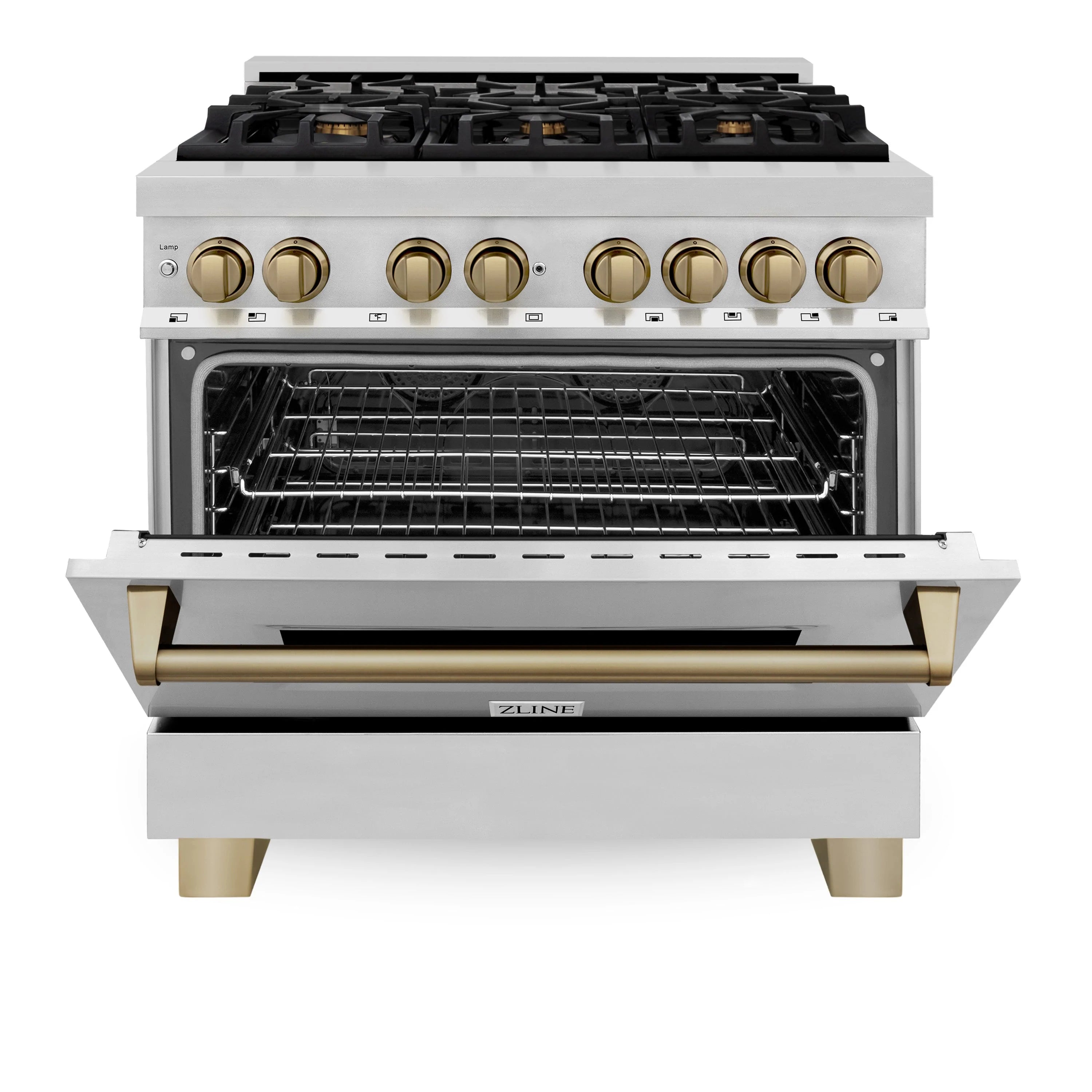 Dual fuel range front with oven and drawer open, bronze accents