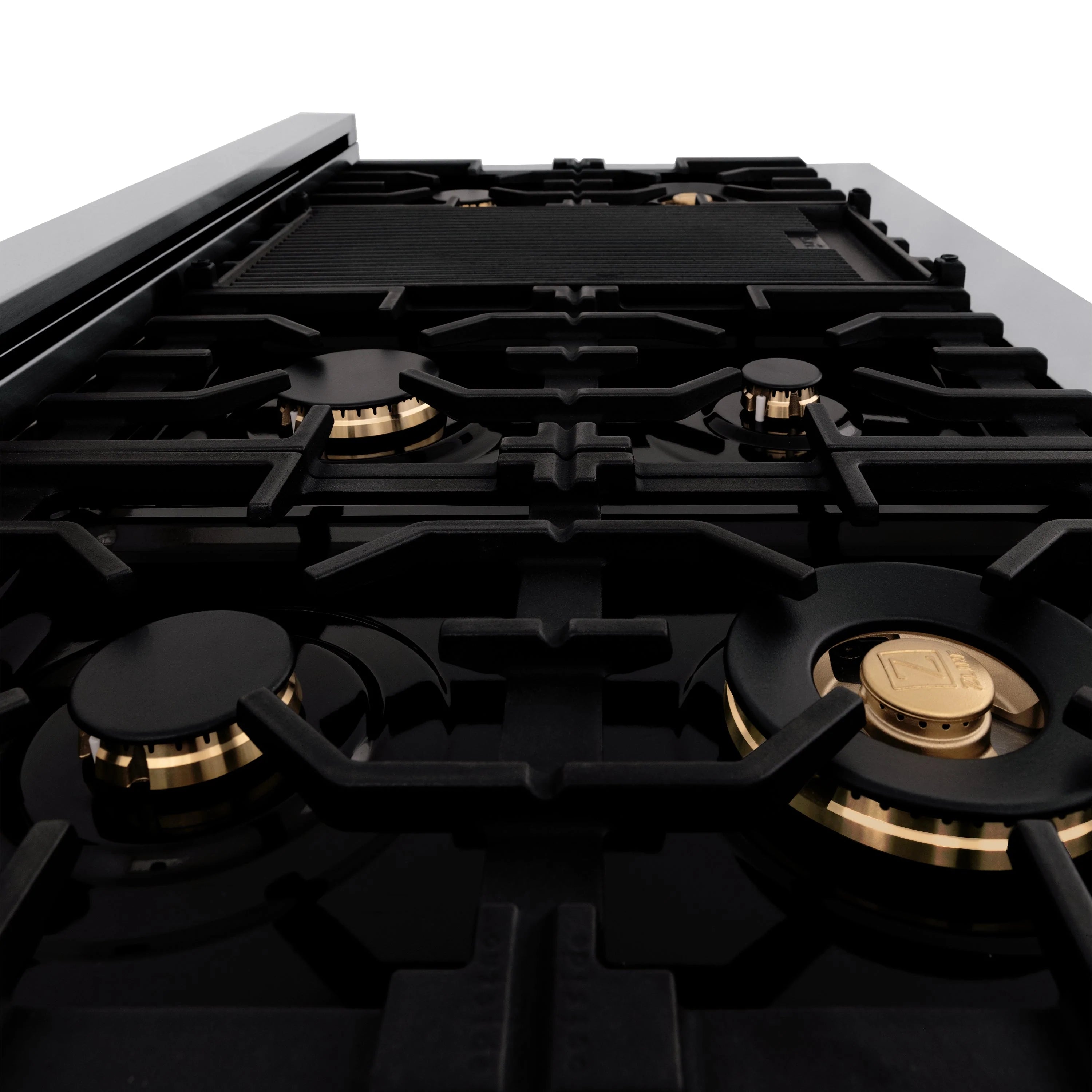 Dual fuel range cooktop with four burners and black cast grates