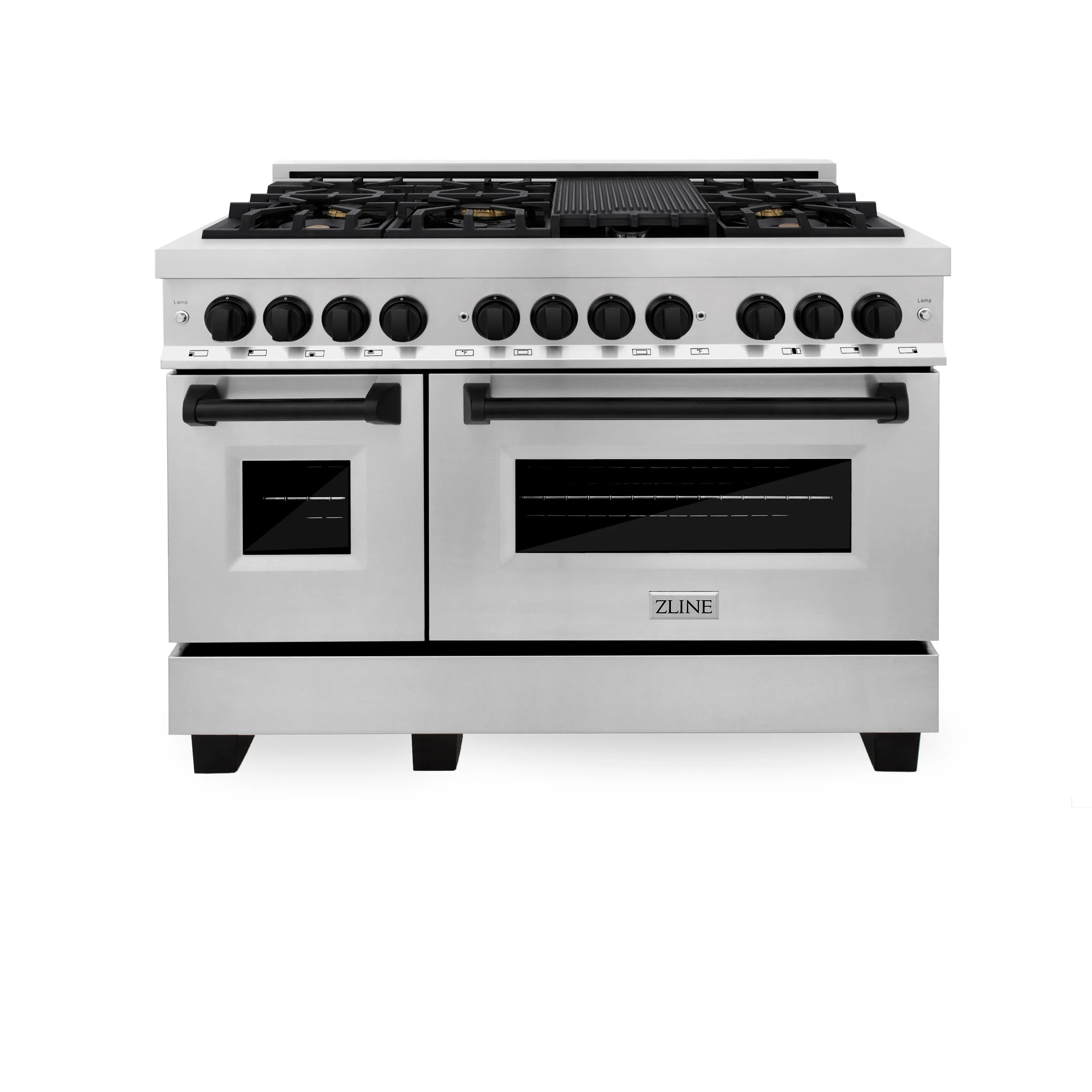 Stainless steel dual fuel range with black grates, front controls, and double ovens
