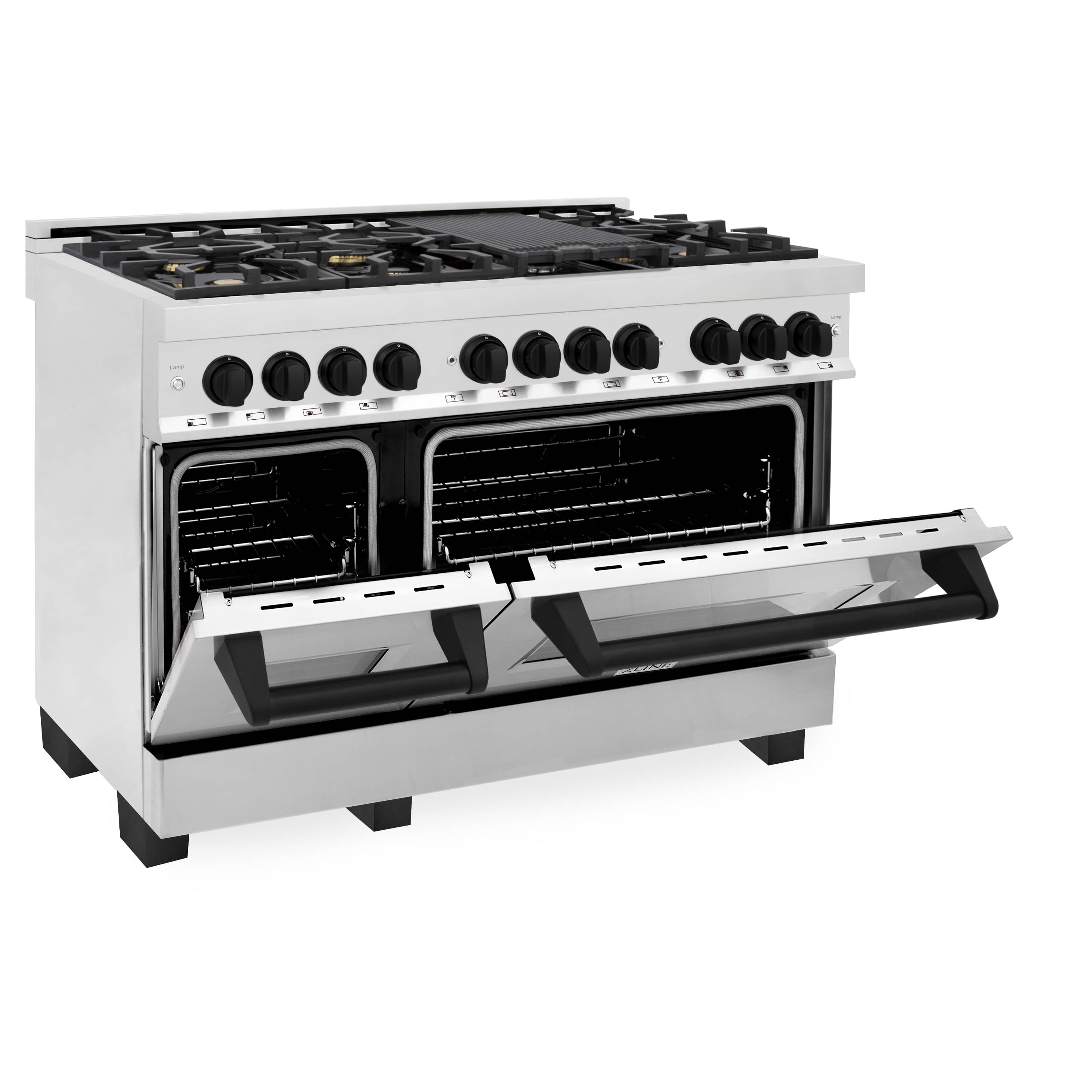 Stainless steel dual fuel range with open ovens and control knobs across the front panel