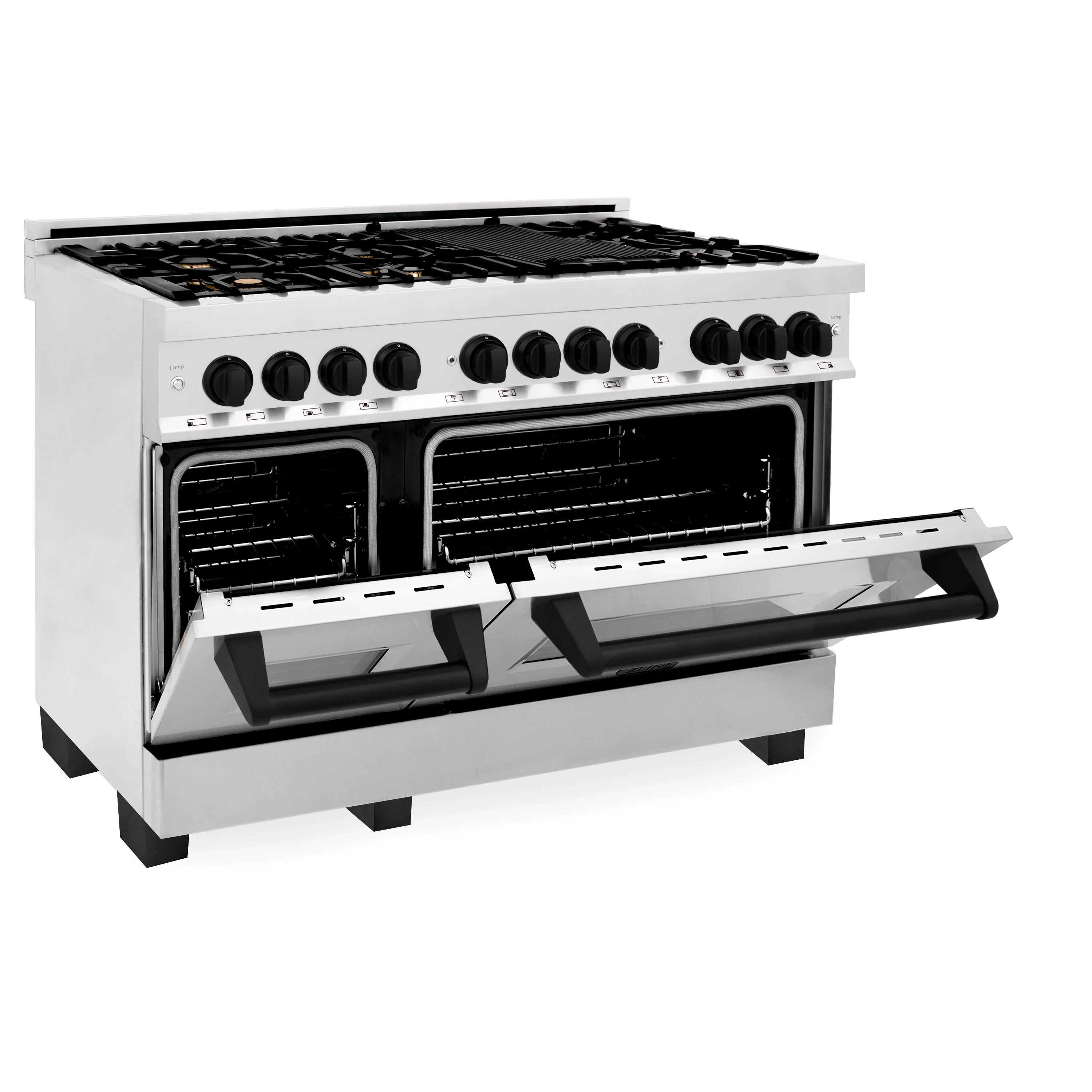 Stainless steel dual fuel range with open oven doors and black baking racks