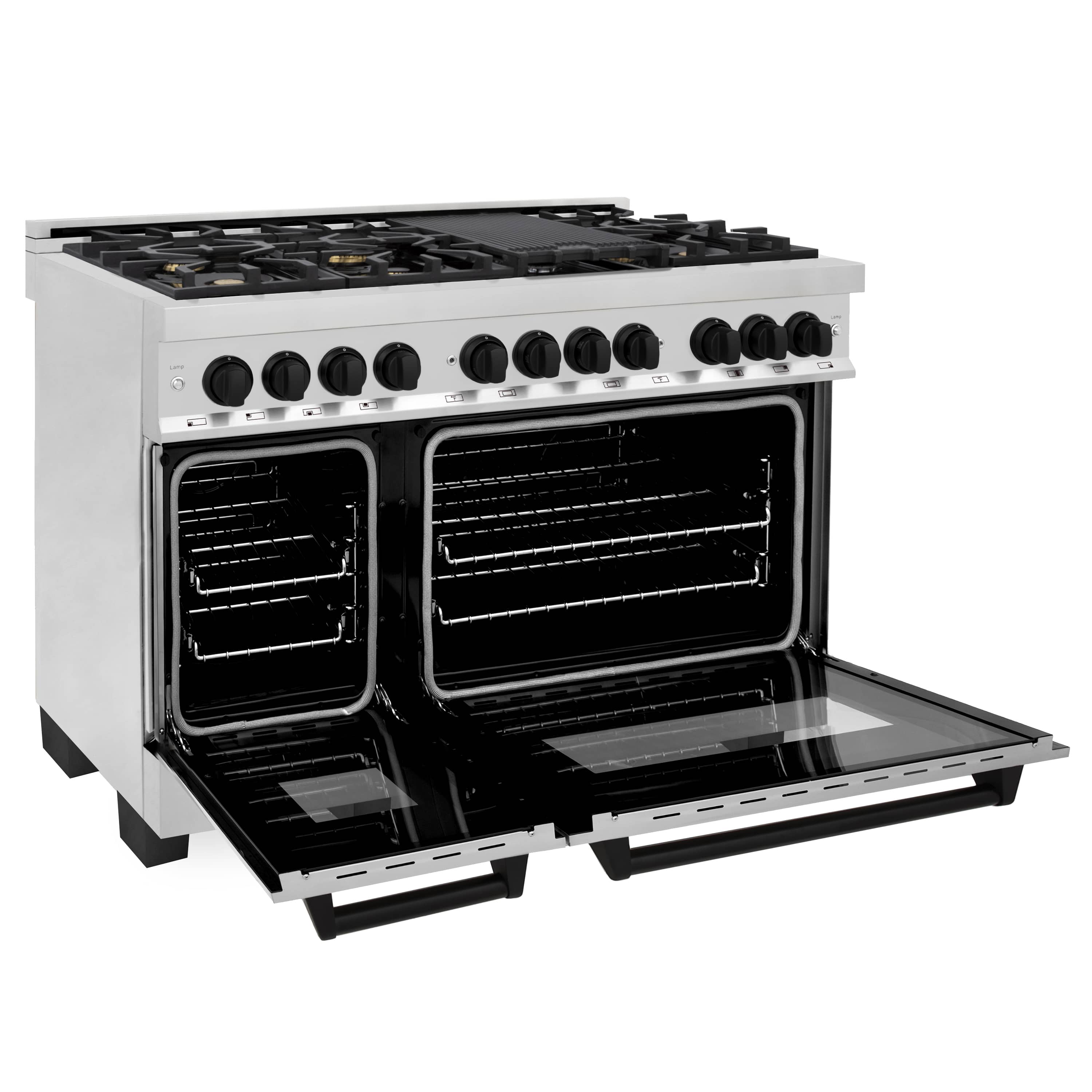 Stainless steel dual fuel range with both oven doors open and black interior panels