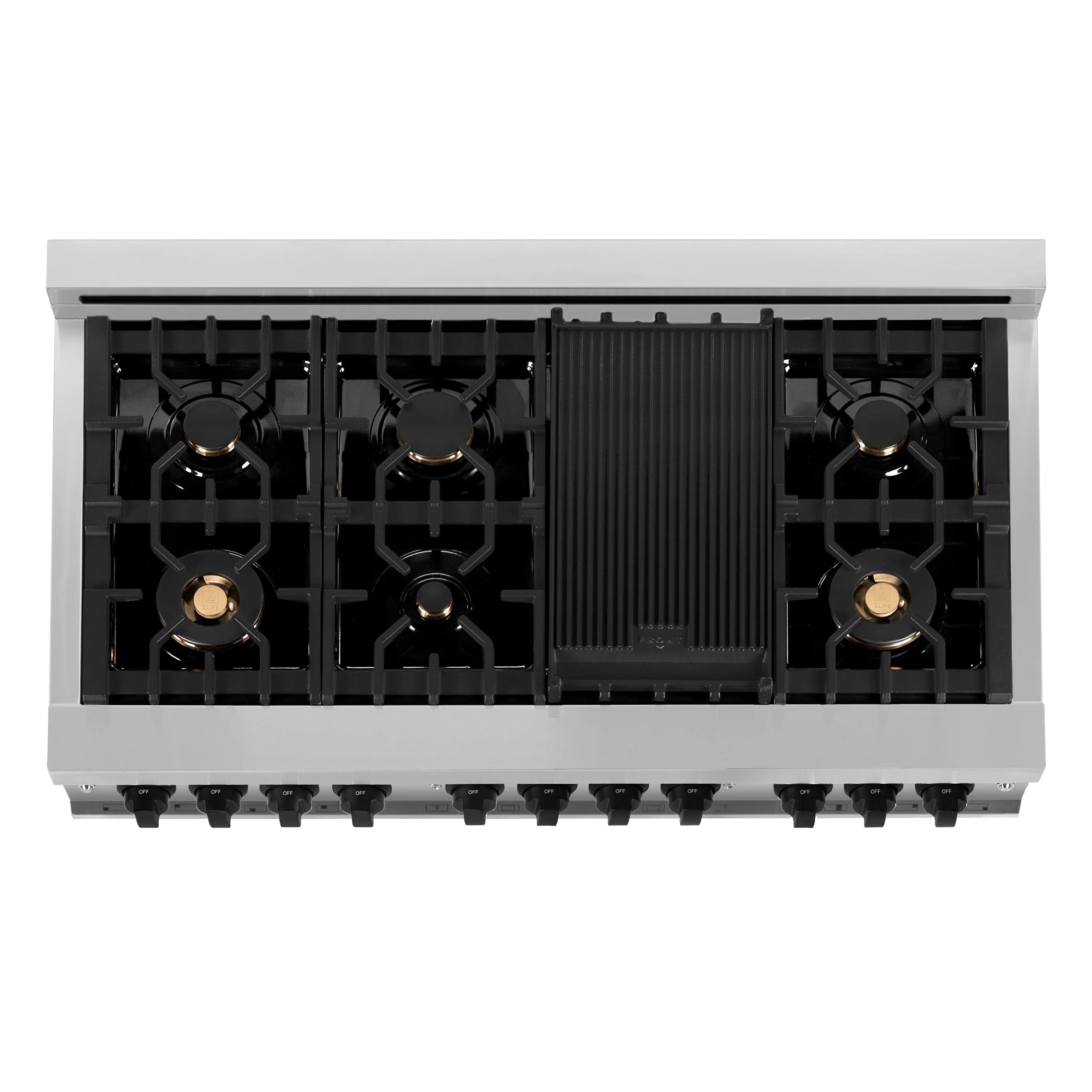 Stainless dual fuel range cooktop with five black grates and four burners