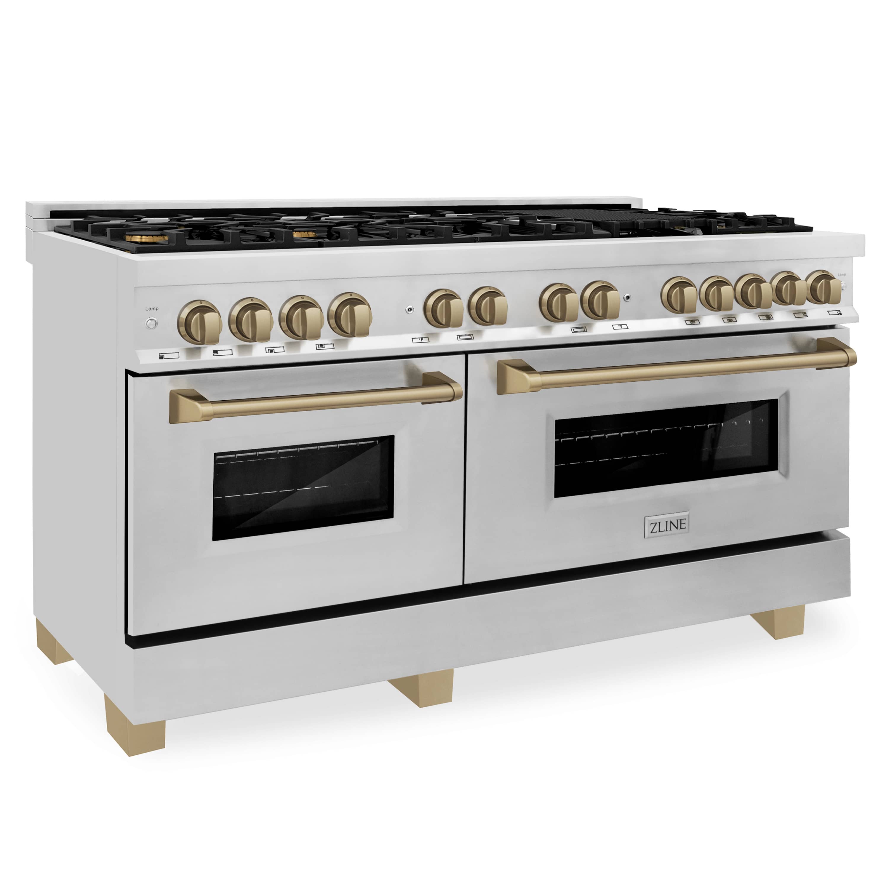 Dual fuel range with stainless front, gold knobs, and two oven doors