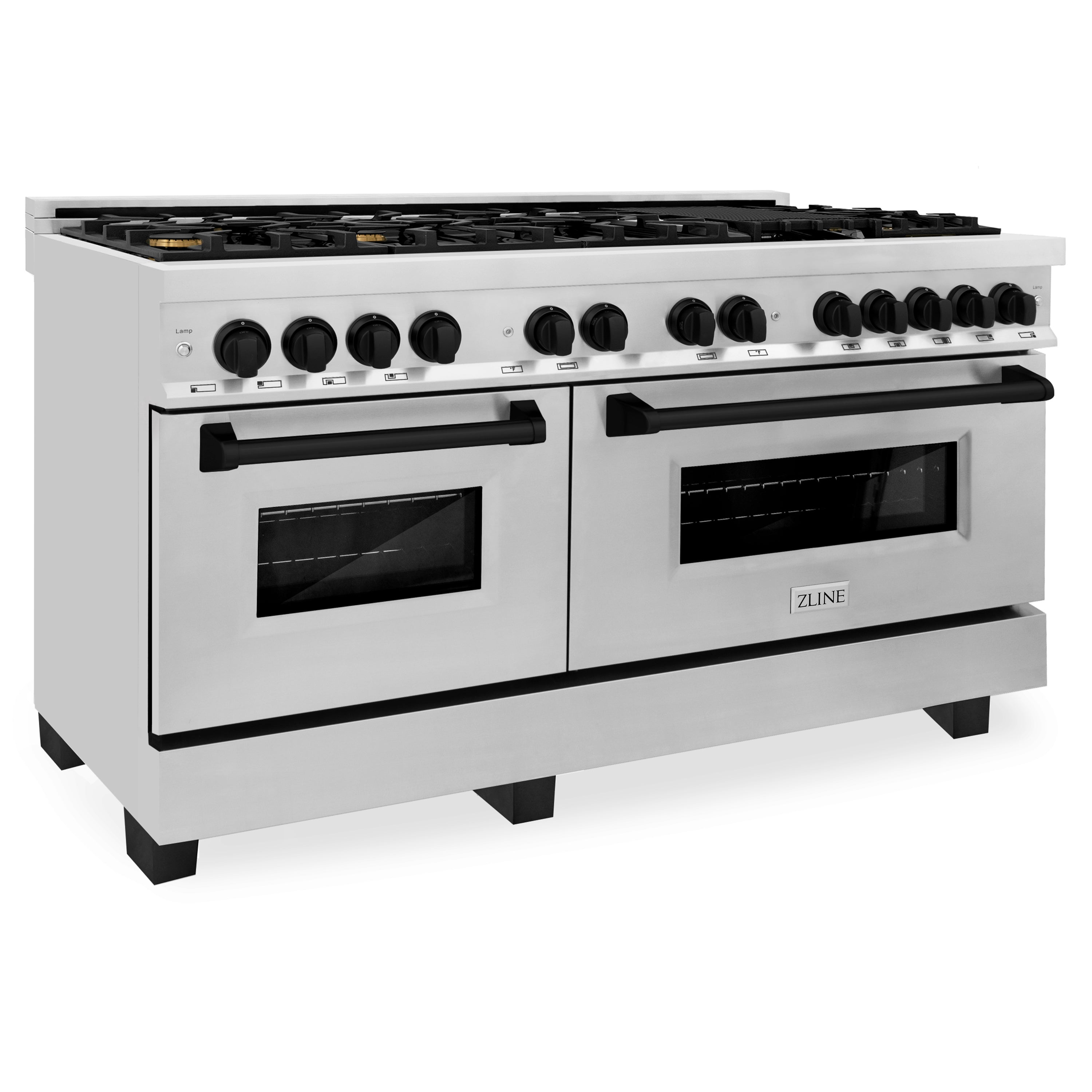 Stainless dual-fuel range with matte black oven doors, control knobs, and side handles
