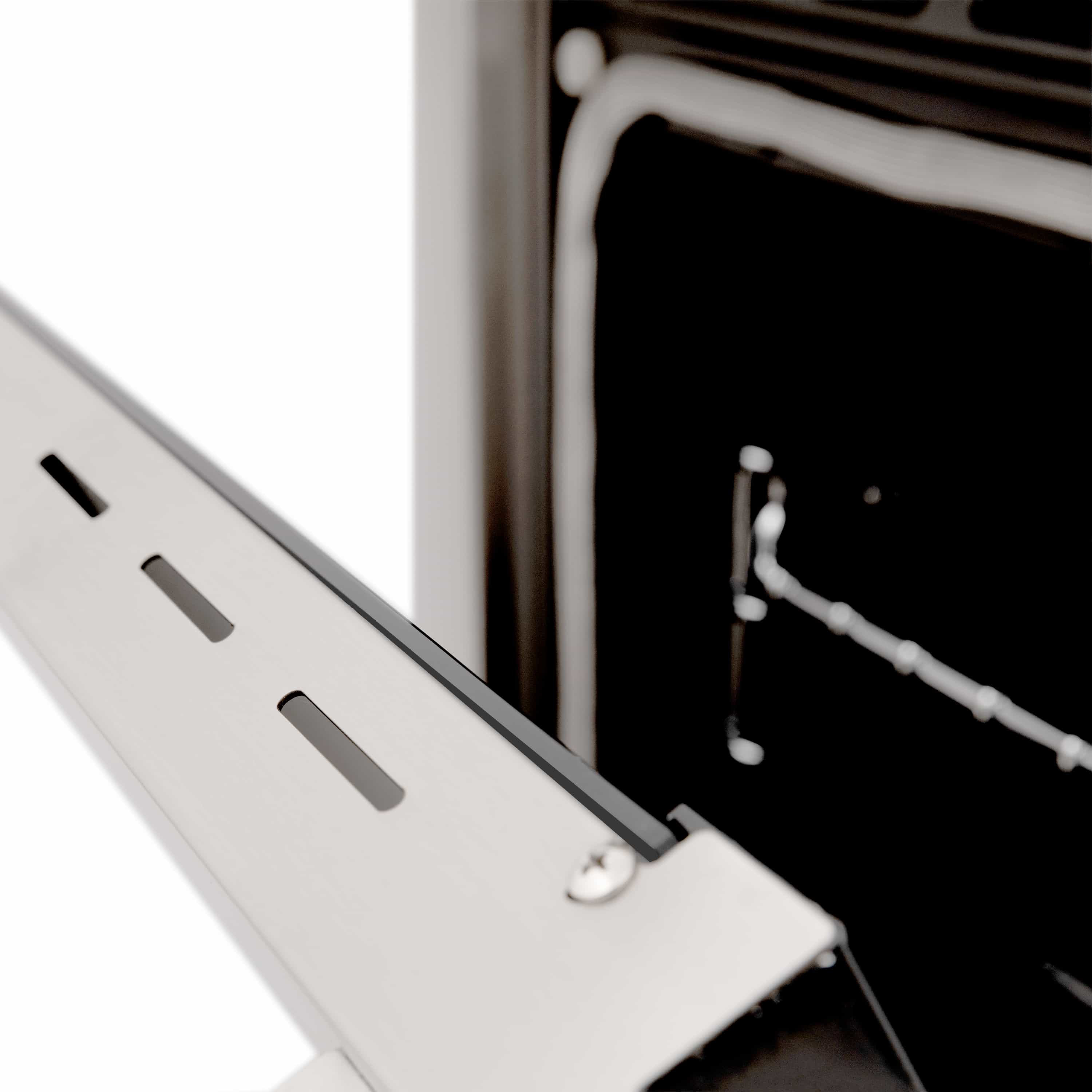 Stainless range vent panel with open access below and interior black cavity