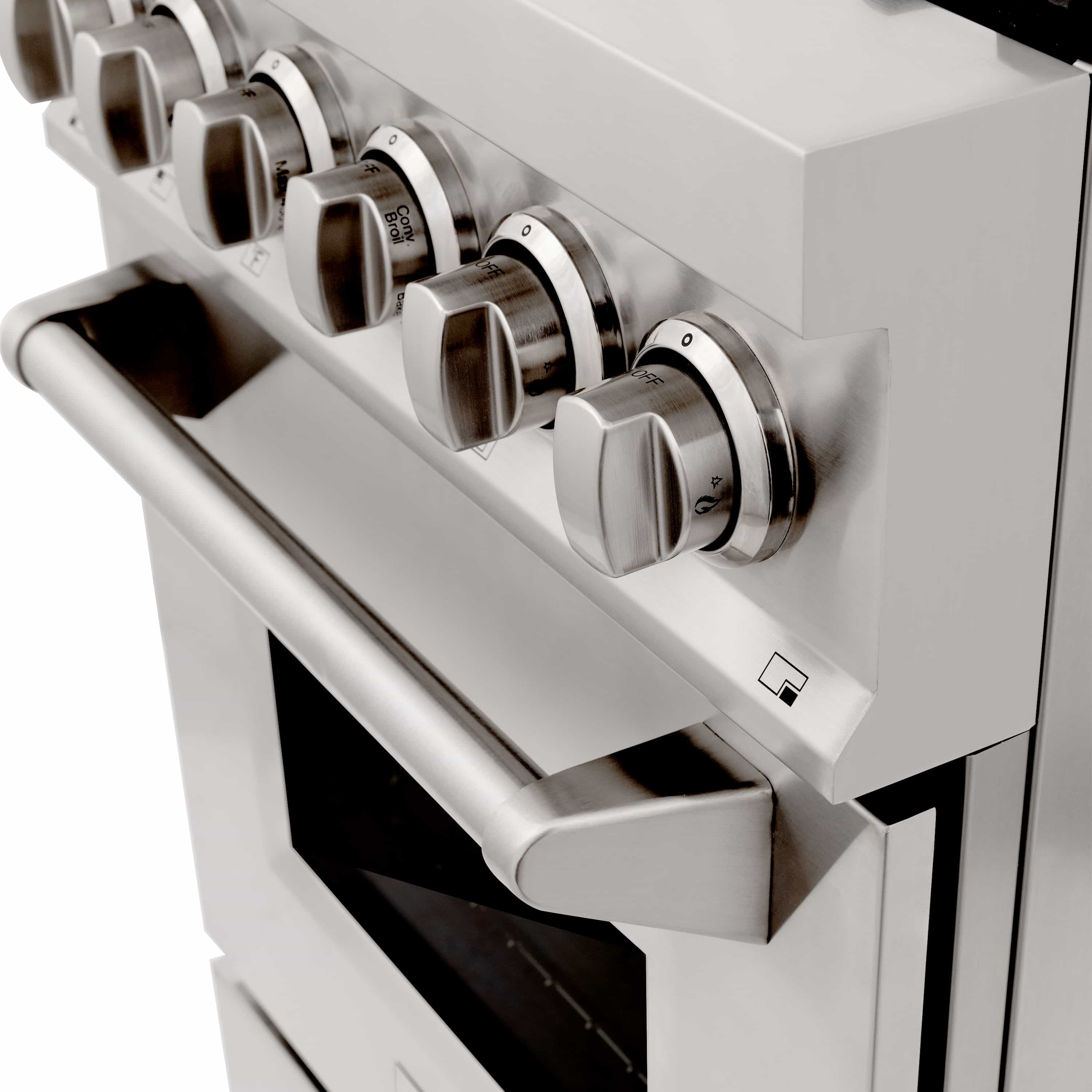 Stainless steel dual fuel range with control knobs and open lower compartment