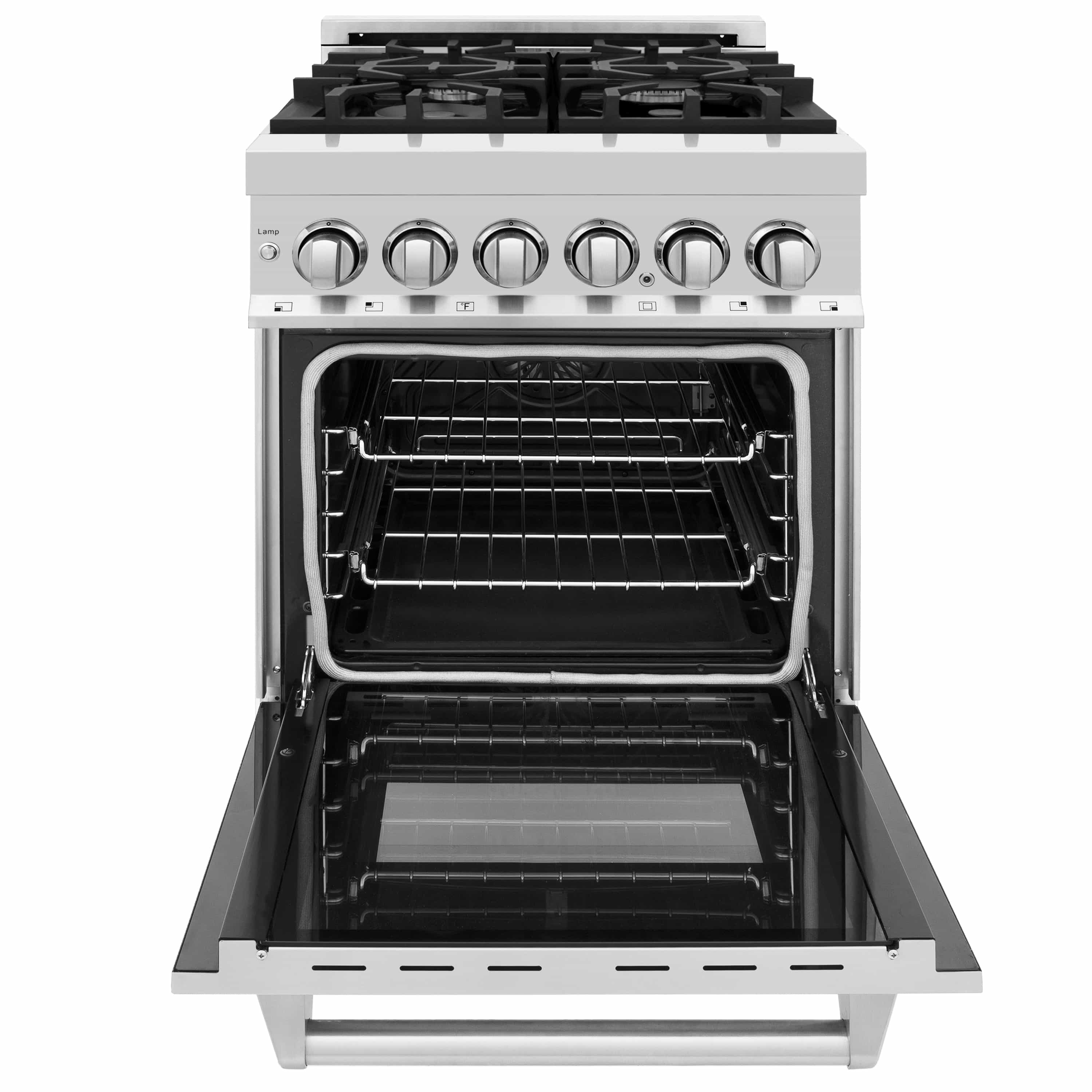 Stainless steel dual fuel range with oven door open and pull-out lower drawer extended