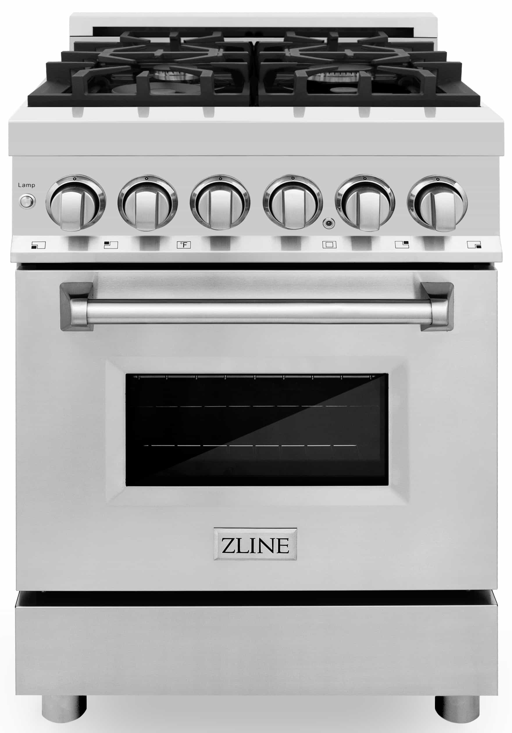 Stainless steel dual fuel range front view with six round burner knobs and oven door
