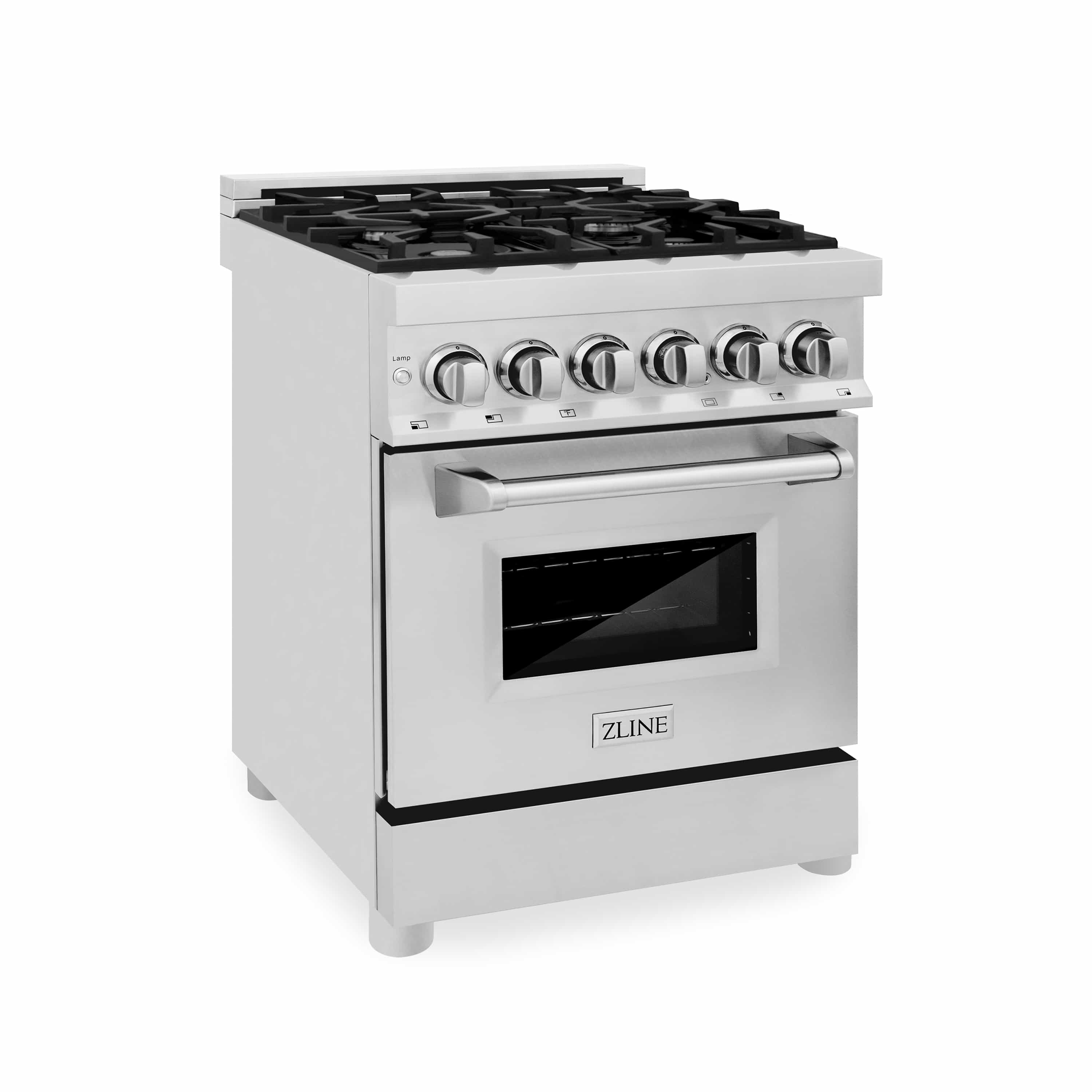 Stainless steel dual fuel range side view with grates, knobs, and glass oven window