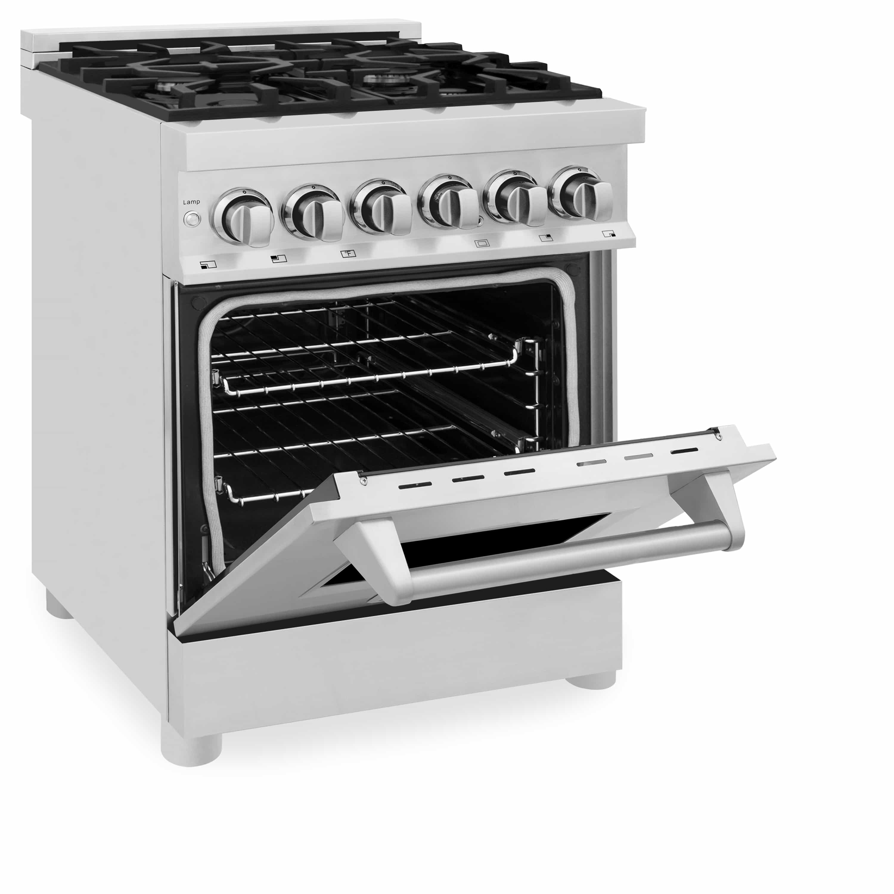 Stainless steel dual fuel range with oven door open and broil tray extended