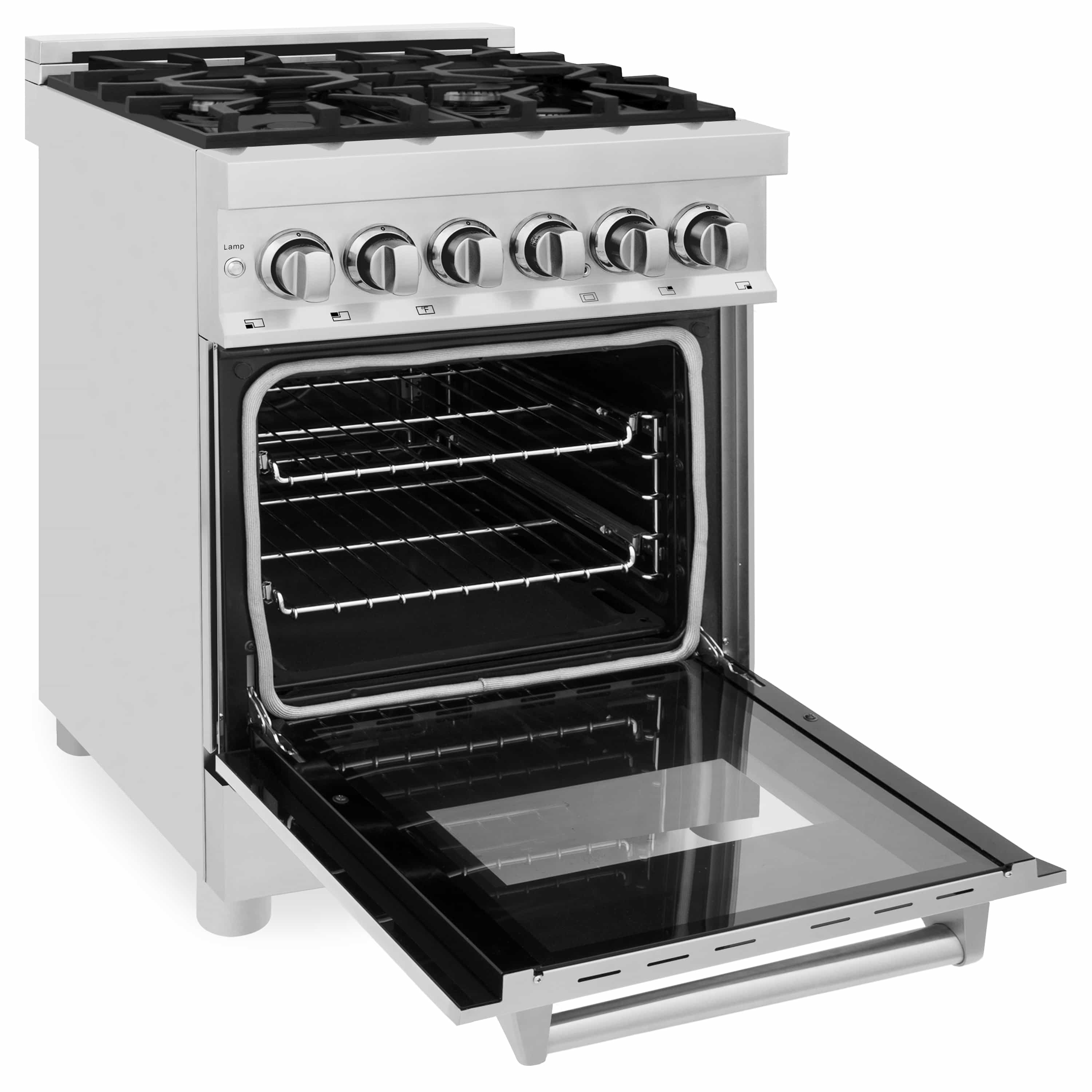 Stainless steel dual fuel range with oven door open and two oven racks visible