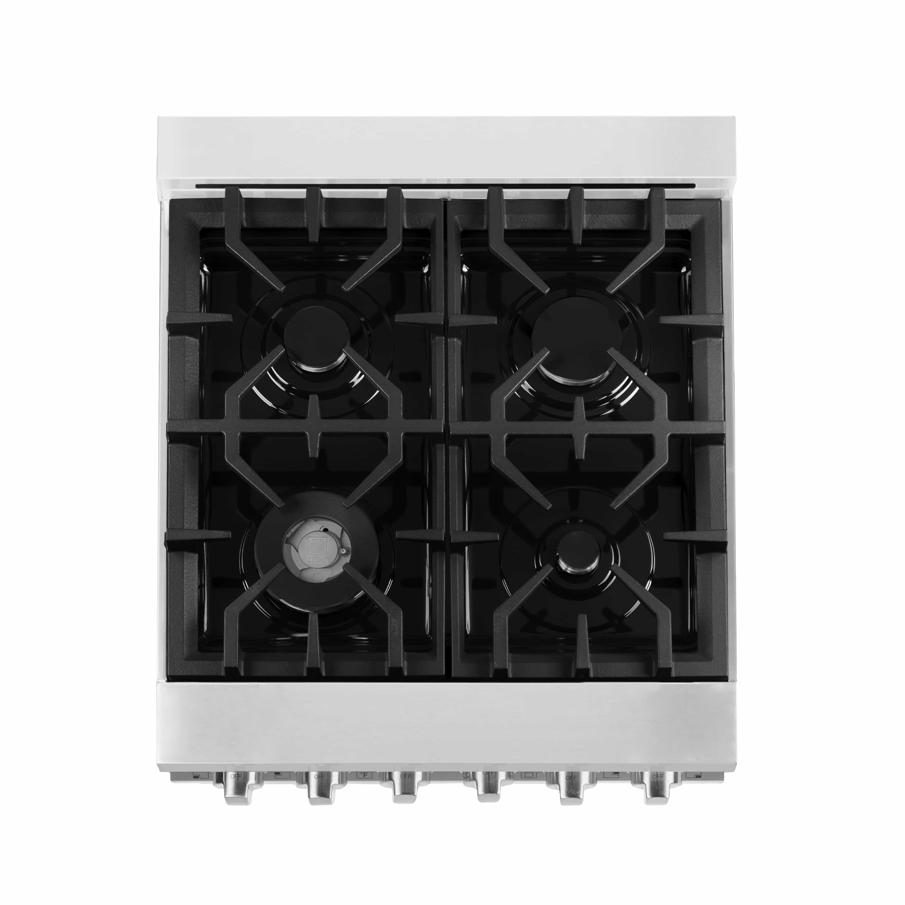 Stainless steel dual fuel range cooktop with four black cast-iron style burner grates