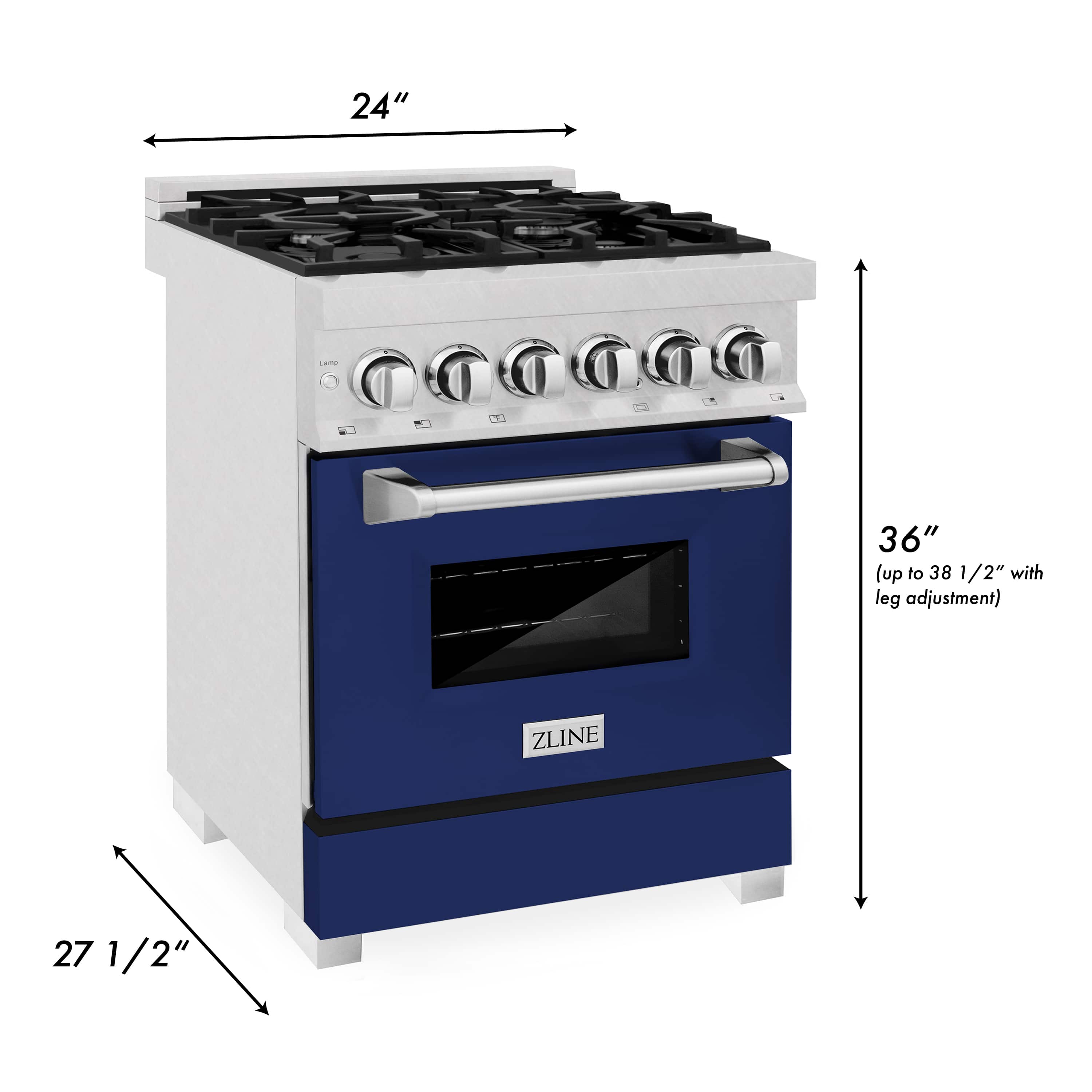 Dual-fuel range with cooktop and blue oven door, silver body, black grates