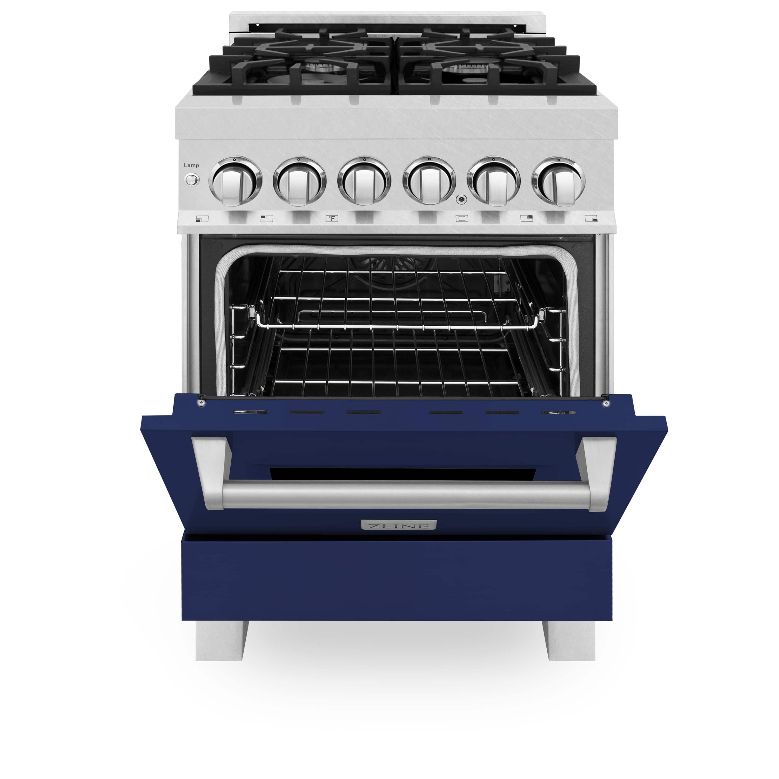 Dual-fuel range with open oven door, visible racks, blue lower panel and black grates