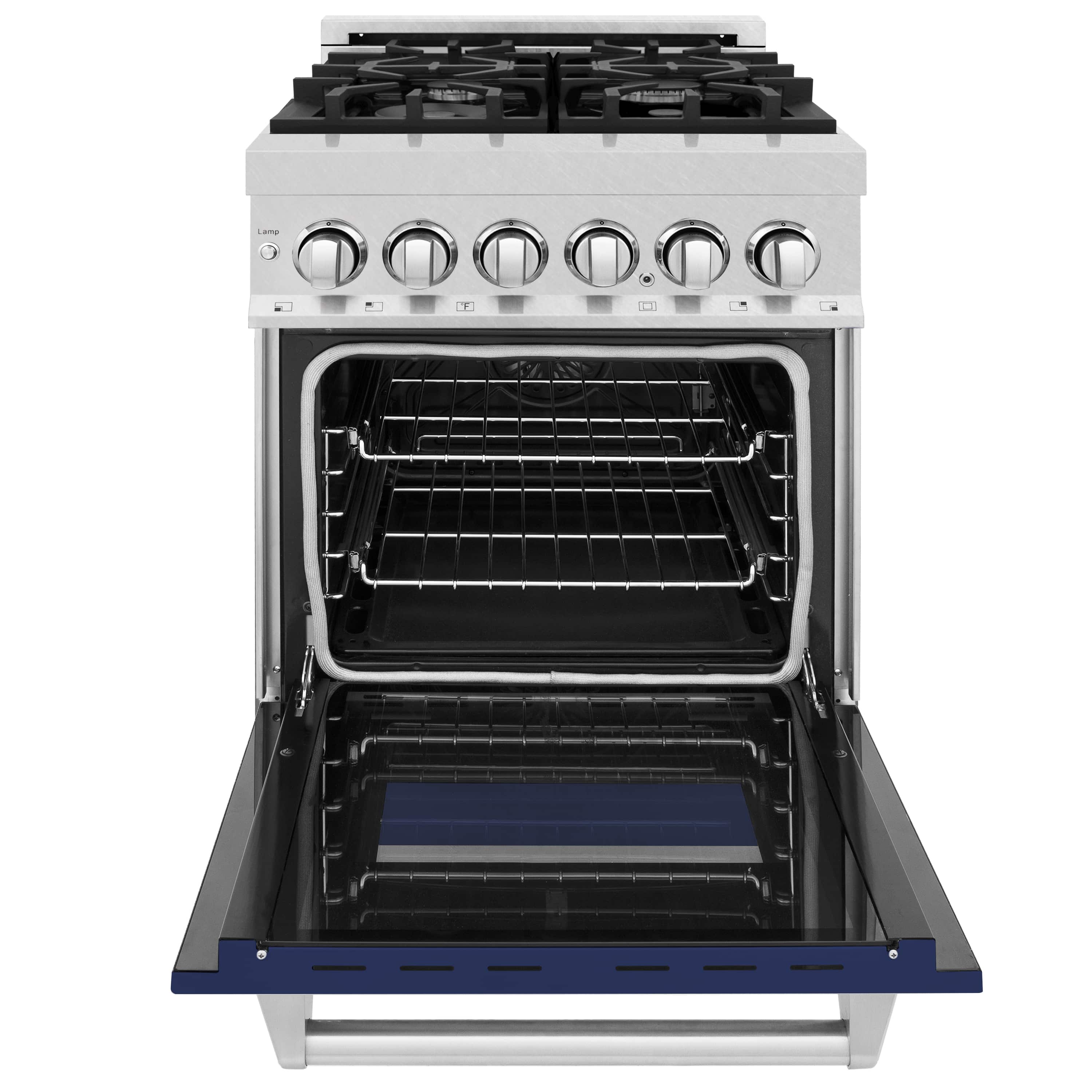Dual-fuel range open oven, racks inside, blue base panel and black burner grates