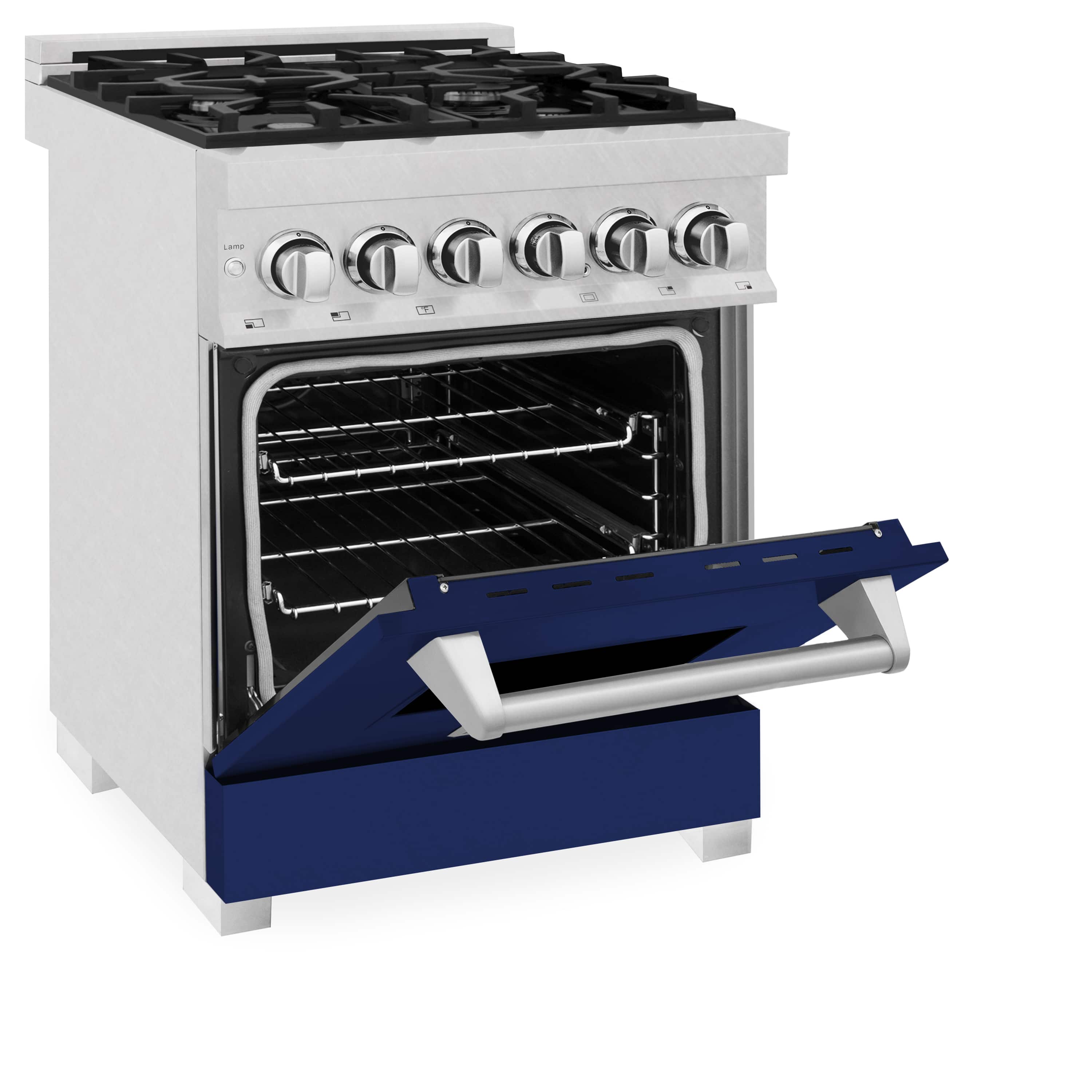 Dual-fuel range with open oven and drawer, racks visible, blue front panel
