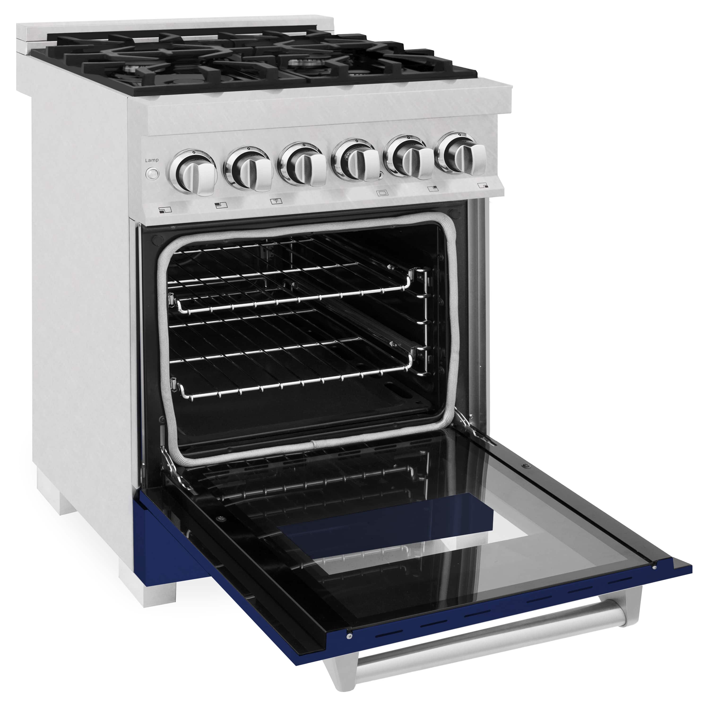 Stainless steel dual fuel range with open oven door and gas cooktop grates