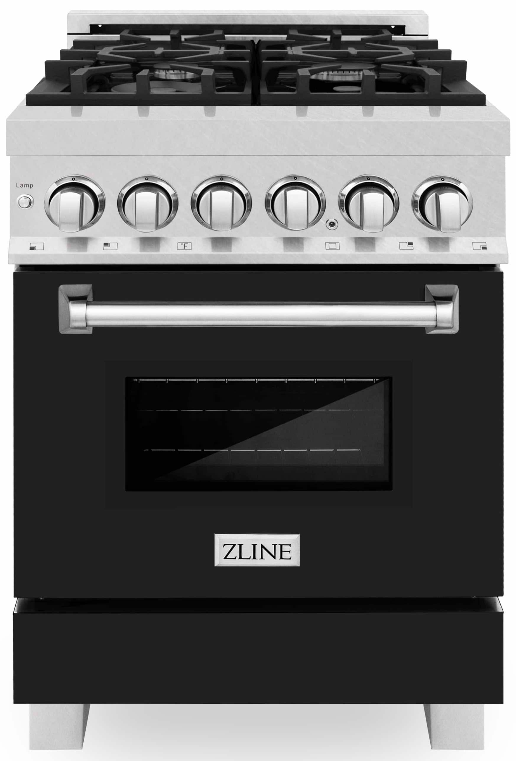Front view dual fuel range with six burner grates, round knobs, and black door window