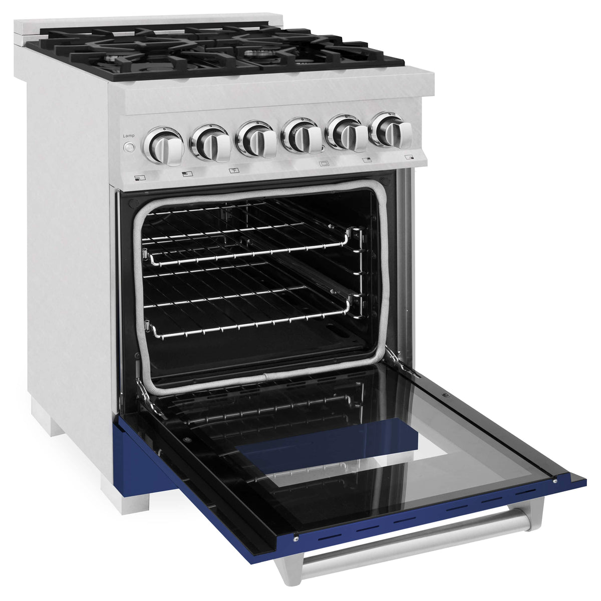 Dual fuel range oven open with hinged glass door and blue lower drawer