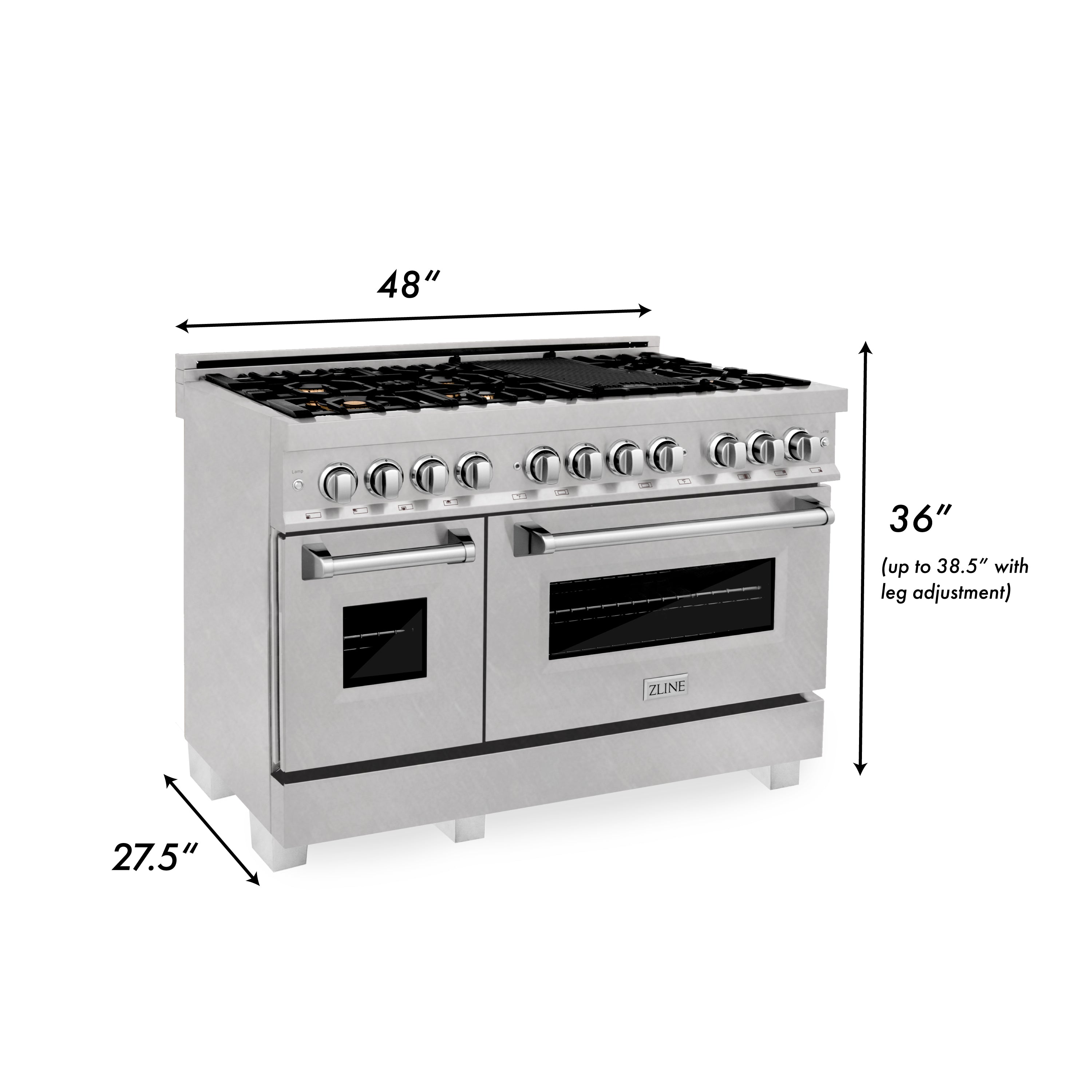 48-inch dual fuel range with gas cooktop and electric oven doors in satin stainless