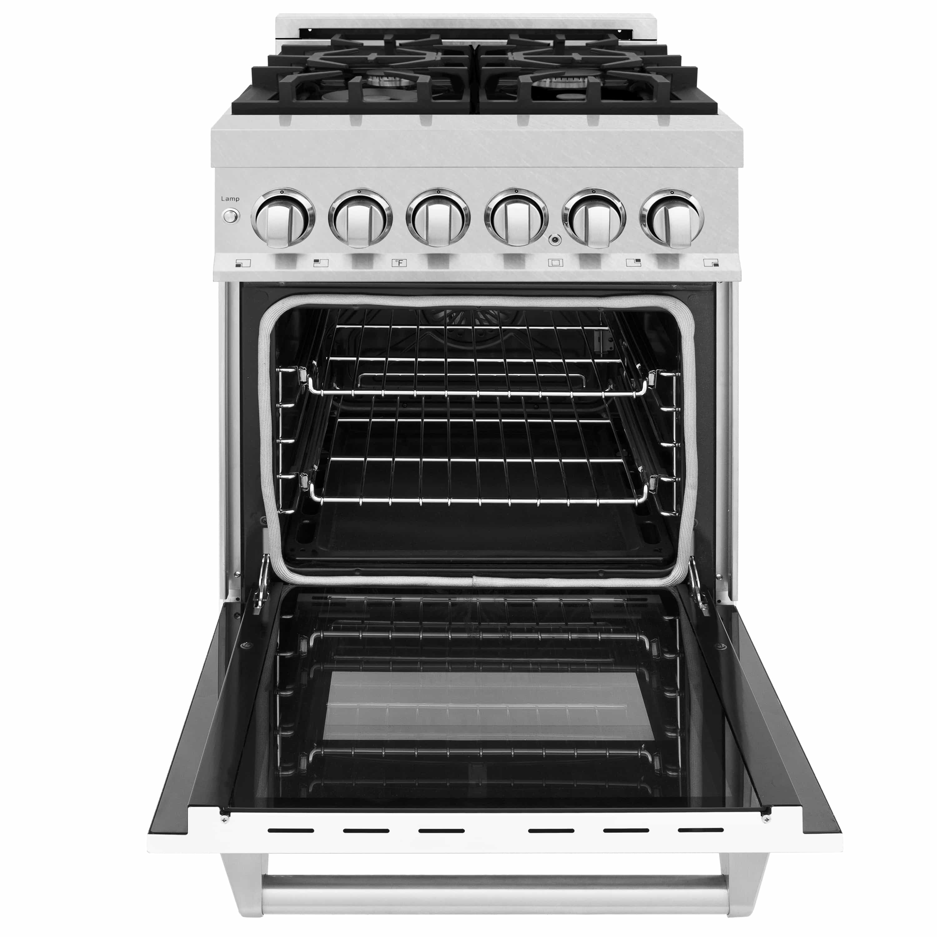 Dual fuel range oven door open, showing upper and lower racks inside the cavity