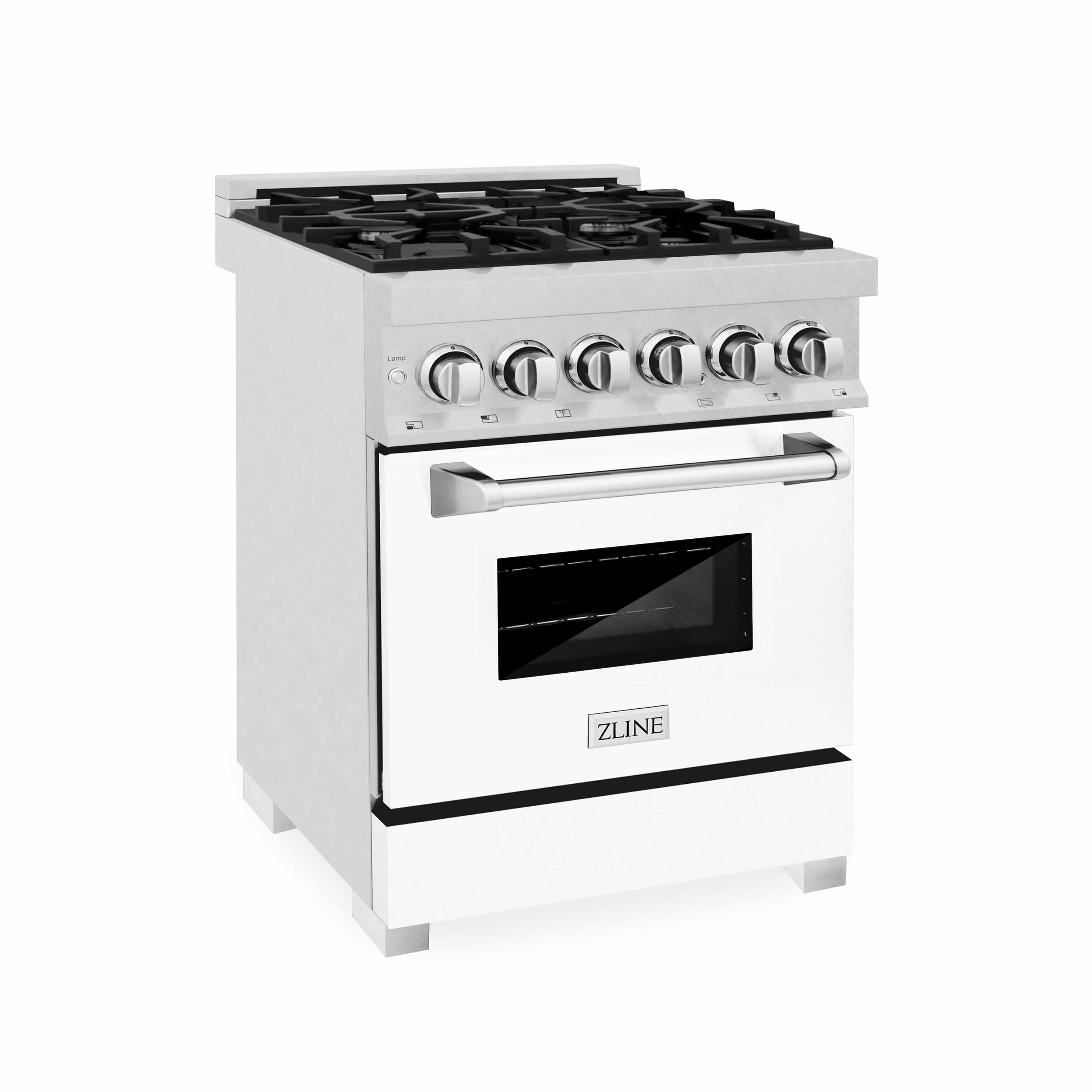 Freestanding dual fuel range with black cooktop grates, chrome control knobs, and closed oven door