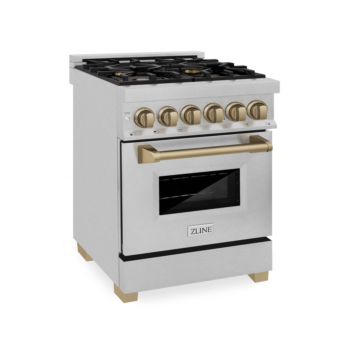 Dual fuel range exterior with six gas burners, satin stainless body and bronze knobs