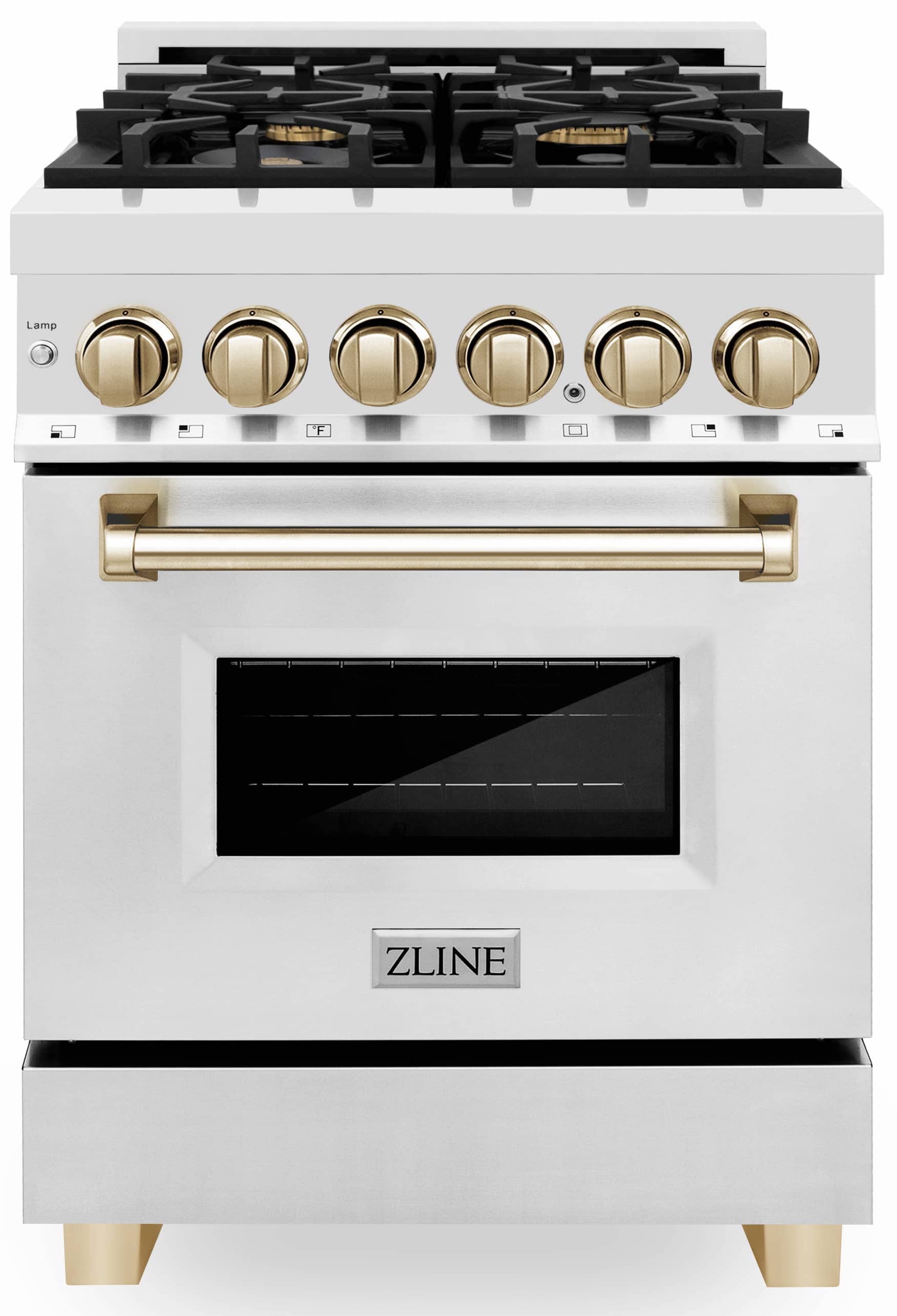 Dual fuel range front view with stainless front, gold control knobs, glass oven door